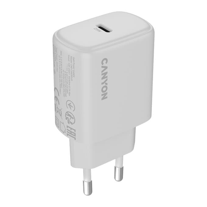 Зарядно устройство Canyon OnCharge 250, от контакт към 1x USB-C(ж), 12V, бяло, 25W