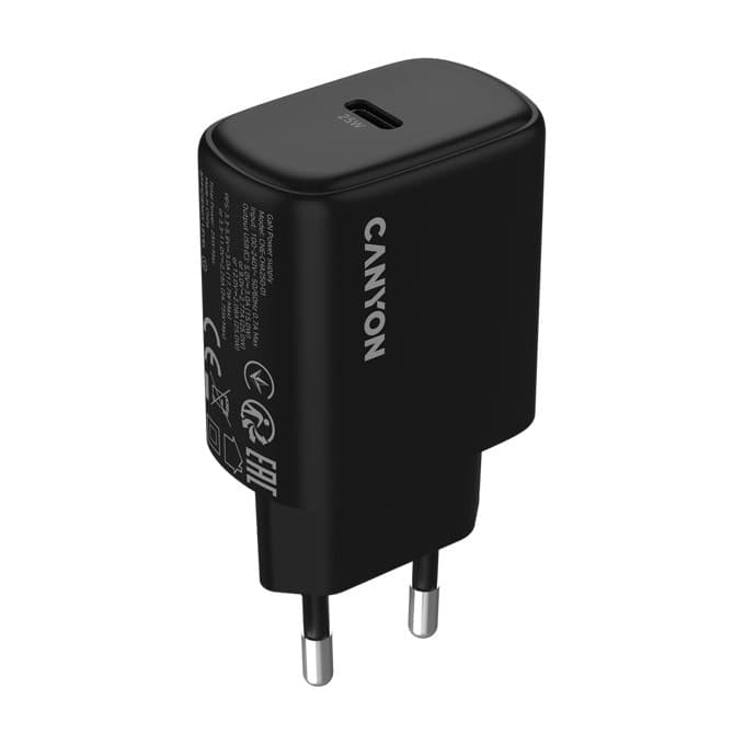 Зарядно устройство Canyon OnCharge 250, от контакт към 1x USB-C(ж), 12V, черно, 25W