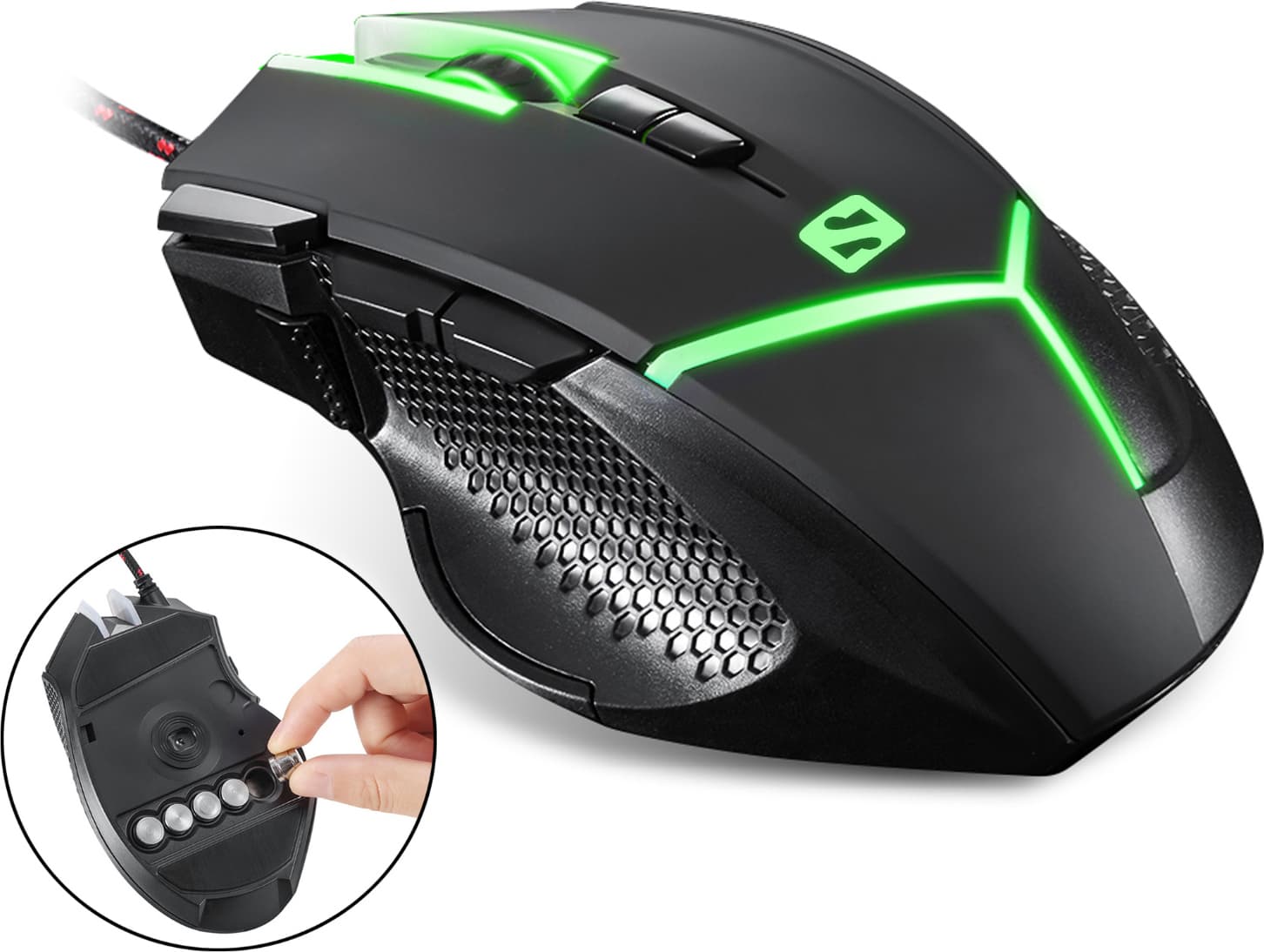 Мишка Sandberg Destroyer FlexWeight SNB-640-19, оптична (4200 dpi), USB, черна, геймърска, LED подсветка, 5x вградени сменяеми тежести (5 гр. всяка)