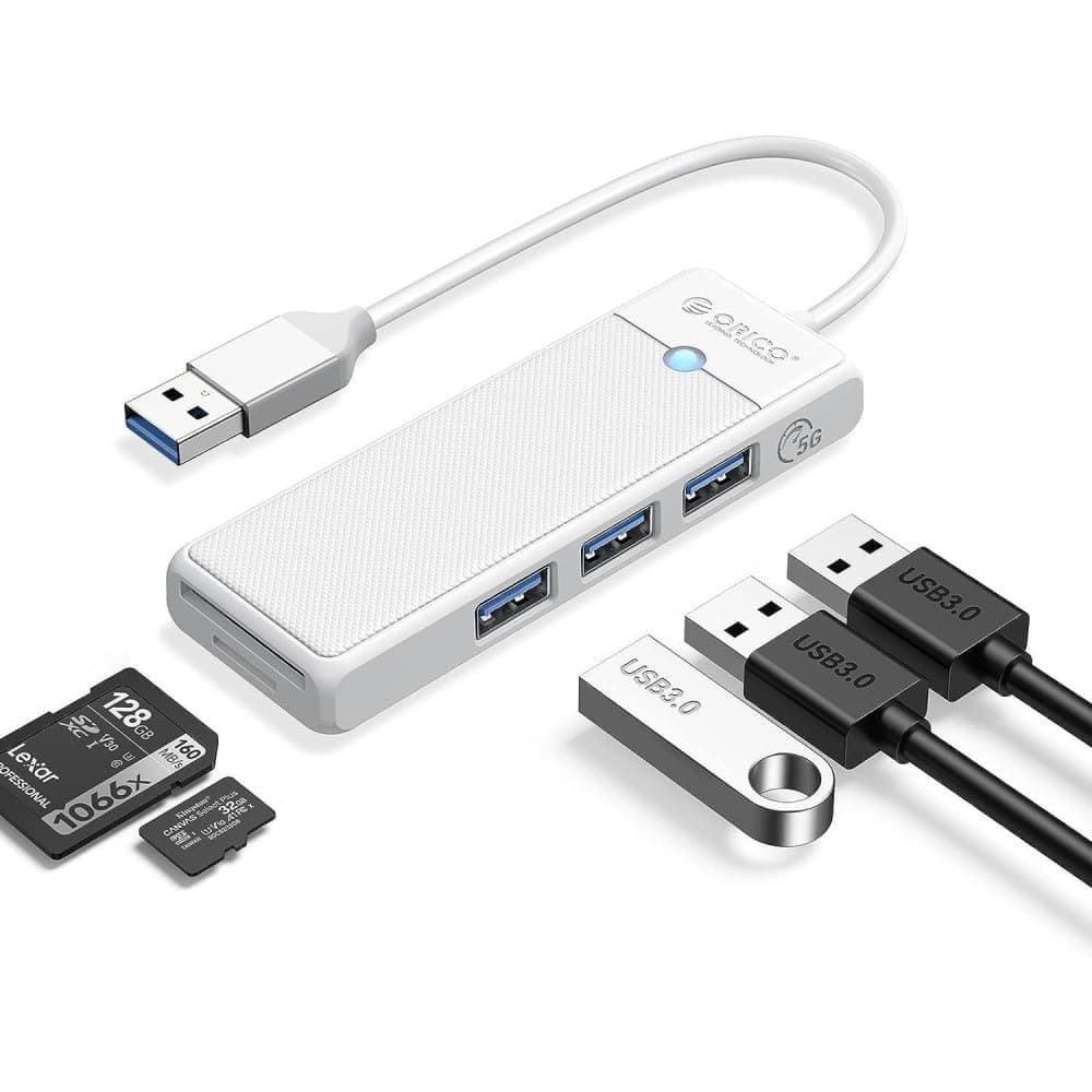 3-портов USB-A 3.0 хъб и четец за карти за MacBook и преносими компютри (15 см) - Orico USB-A 3.0 3-Port Hub With Card Reader (бял)