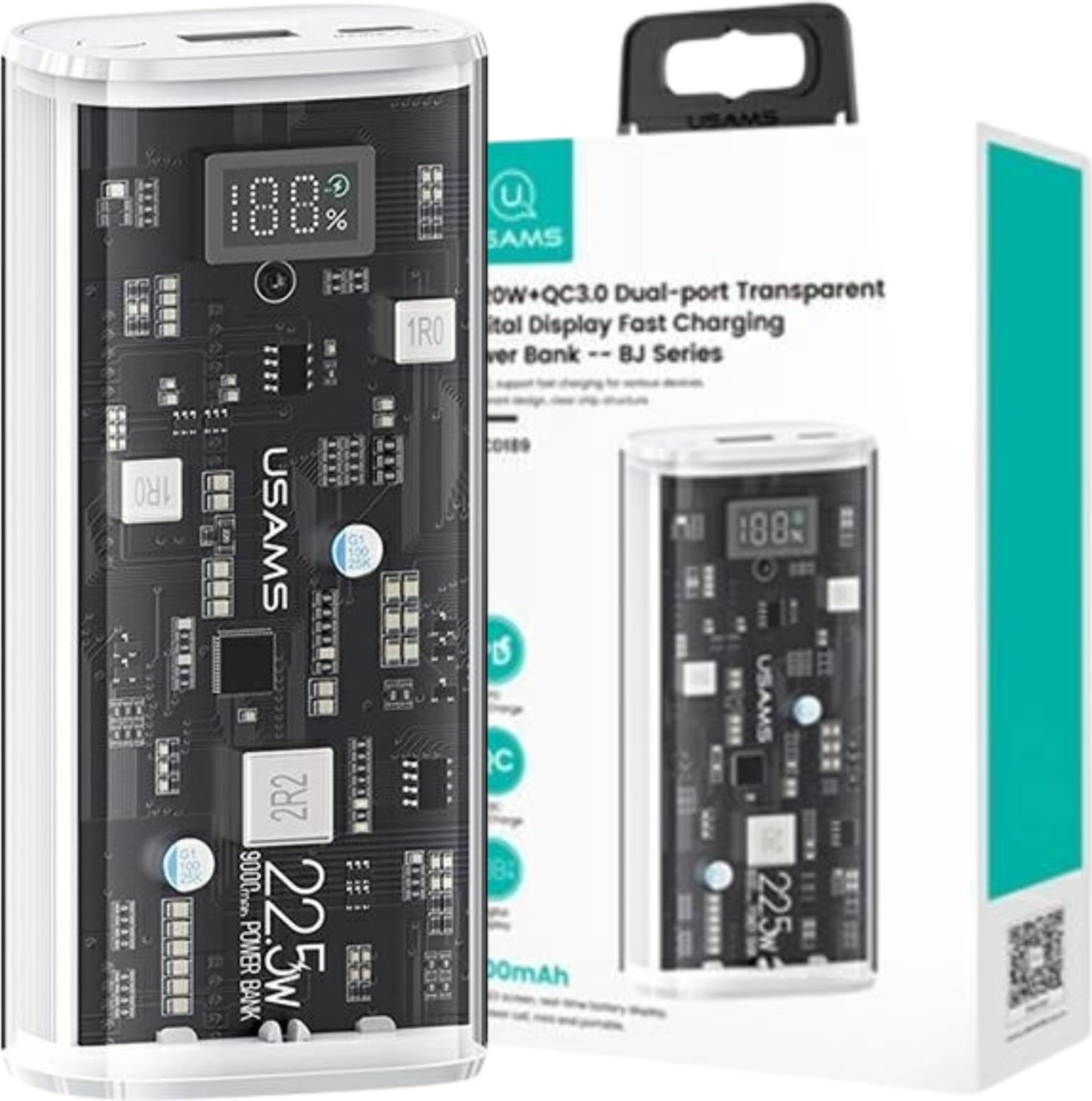 Преносима външна батерия с USB-C порт и USB-A изход - Usams Dual Port Digital Display PowerBank PD 9000 mAh 20W (бял)