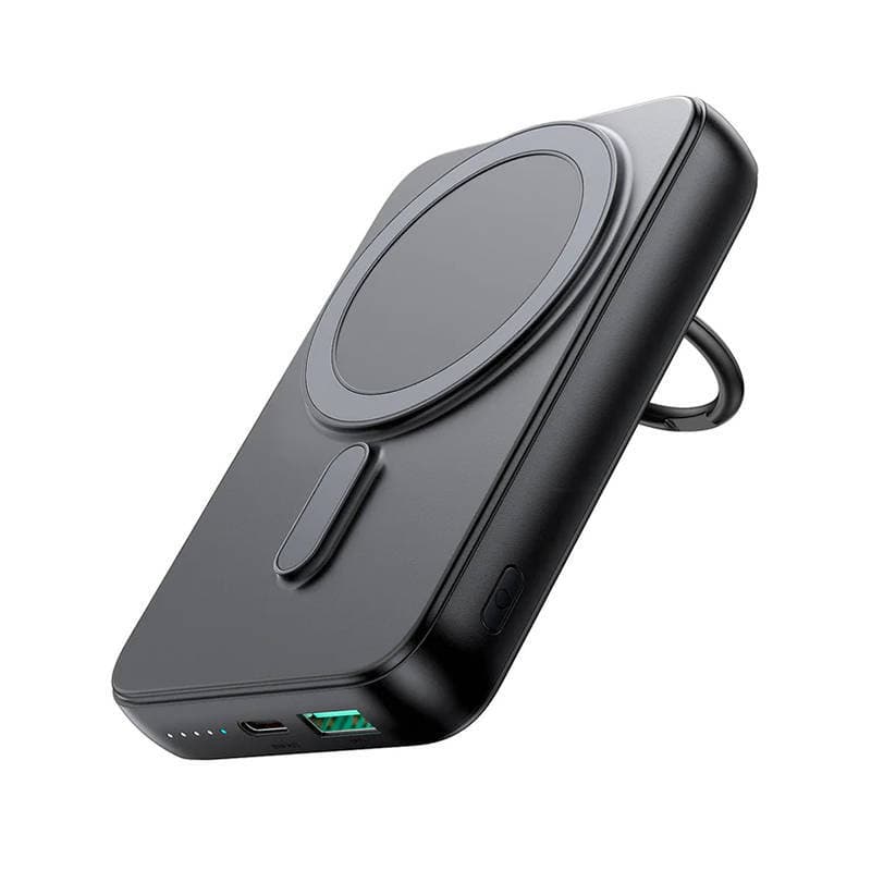 Преносима външна батерия с USB-C порт, USB-A изход, безжично зареждане с MagSafe и пръстен против изпускане - Joyroom Magnetic Wireless Ring Holder Power Bank 10000 mAh 20W (черен)