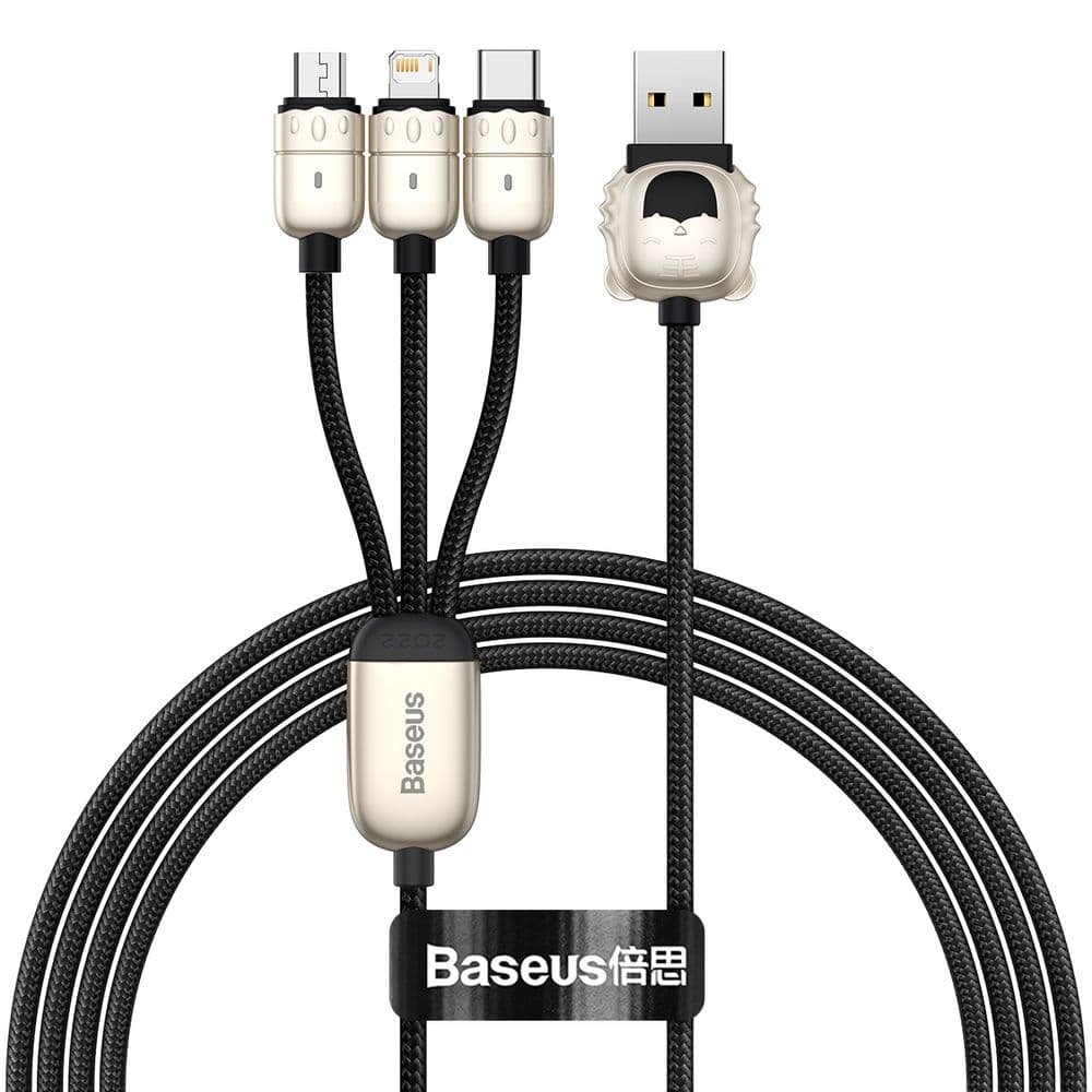 Кабел Baseus Year of the Tiger 3-in-1 (CASX010001), от USB-A(м) към Lightning(м)/USB-C(м)/USB-Micro(м), 1.2m, 3.5A/17.5W, черен