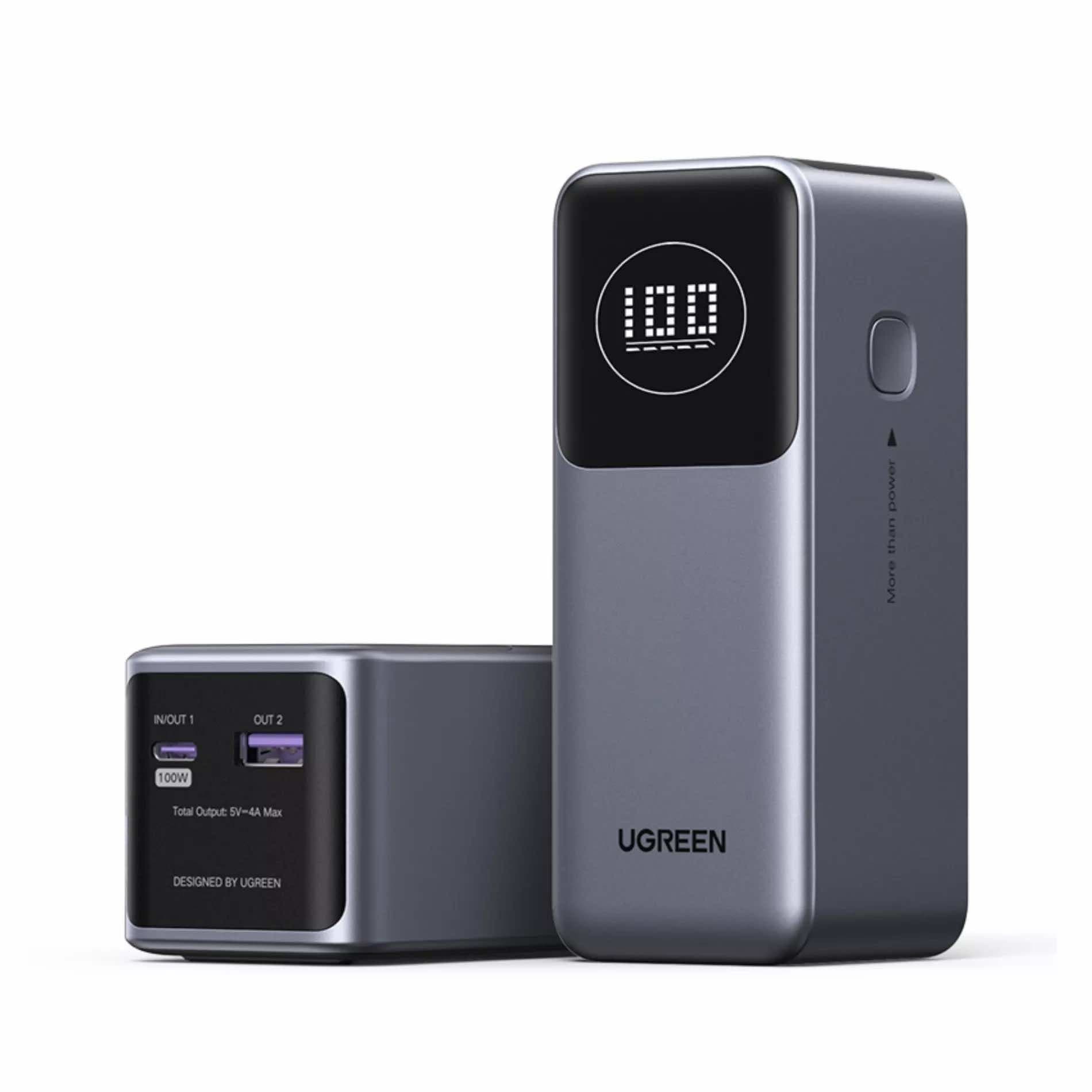 Преносима външна батерия с 1xUSB-C и 1xUSB-A изходи и технология за бързо зареждане - Ugreen Nexode Power Bank 12000 mAh 100W (черен)