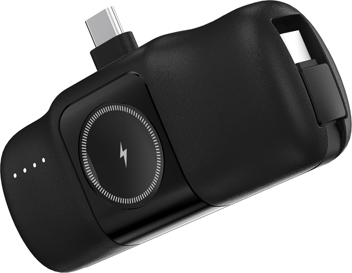 Преносима външна батерия с вграден USB-C конектор, USB-C кабел, USB-C порт и зареждане на Apple Watch (черен) - Wozinsky 3-in-1 Power Bank With Apple Watch Charger 5000mAh 15W