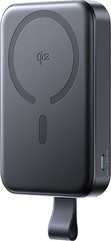 Преносима външна батерия с Lightning порт, USB-C и USB-A изход, безжично зареждане с MagSafe и вградена поставка - Joyroom Qi2 Magnetic Wireless Power Bank 10000 mAh 22.5W (черен)