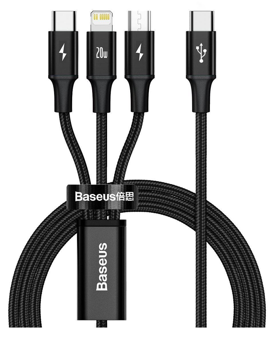 Кабел Baseus Rapid 3-in-1 USB 20W Cable (CAMLT-SC01), от USB-C(м) към USB-C/Lightning/microUSB(м), 1.5m, 15W, черен