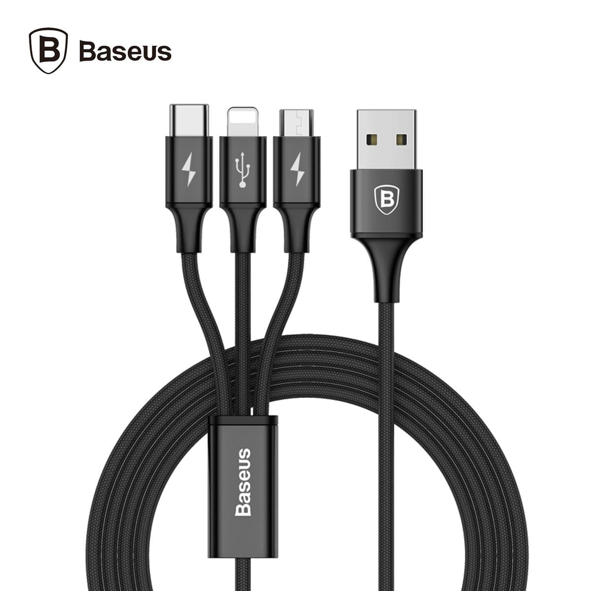 Кабел Baseus Rapid 3-in-1 USB Cable (CAMLT-SU01), от USB-A(м) към USB-C/Lightning/microUSB(м), 1.2m, 15W, черен