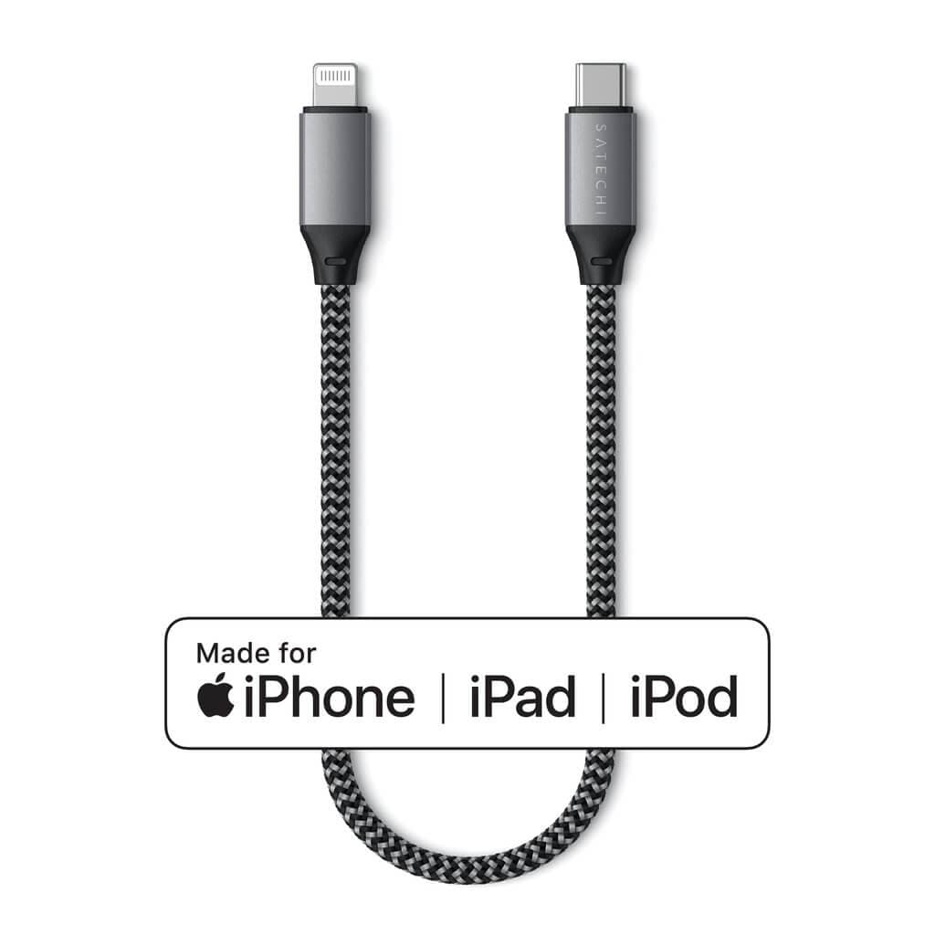 Сертифициран (MFI) USB-C към Lightning кабел за Apple устройства с Lightning порт (25 см) - Satechi USB-C to Lightning Cable (сив)