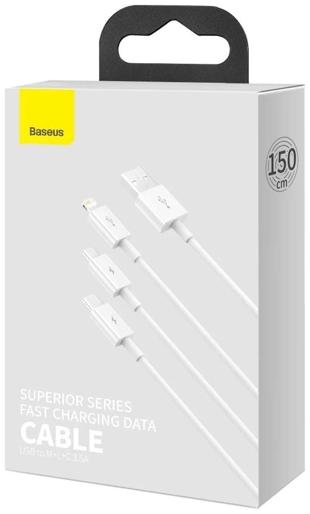 Кабел Baseus Superior 3-in-1 USB Cable (CAMLTYS-02), от USB A(м) към Lightning(м), USB C(м), microUSB(м), 1.5m, бял