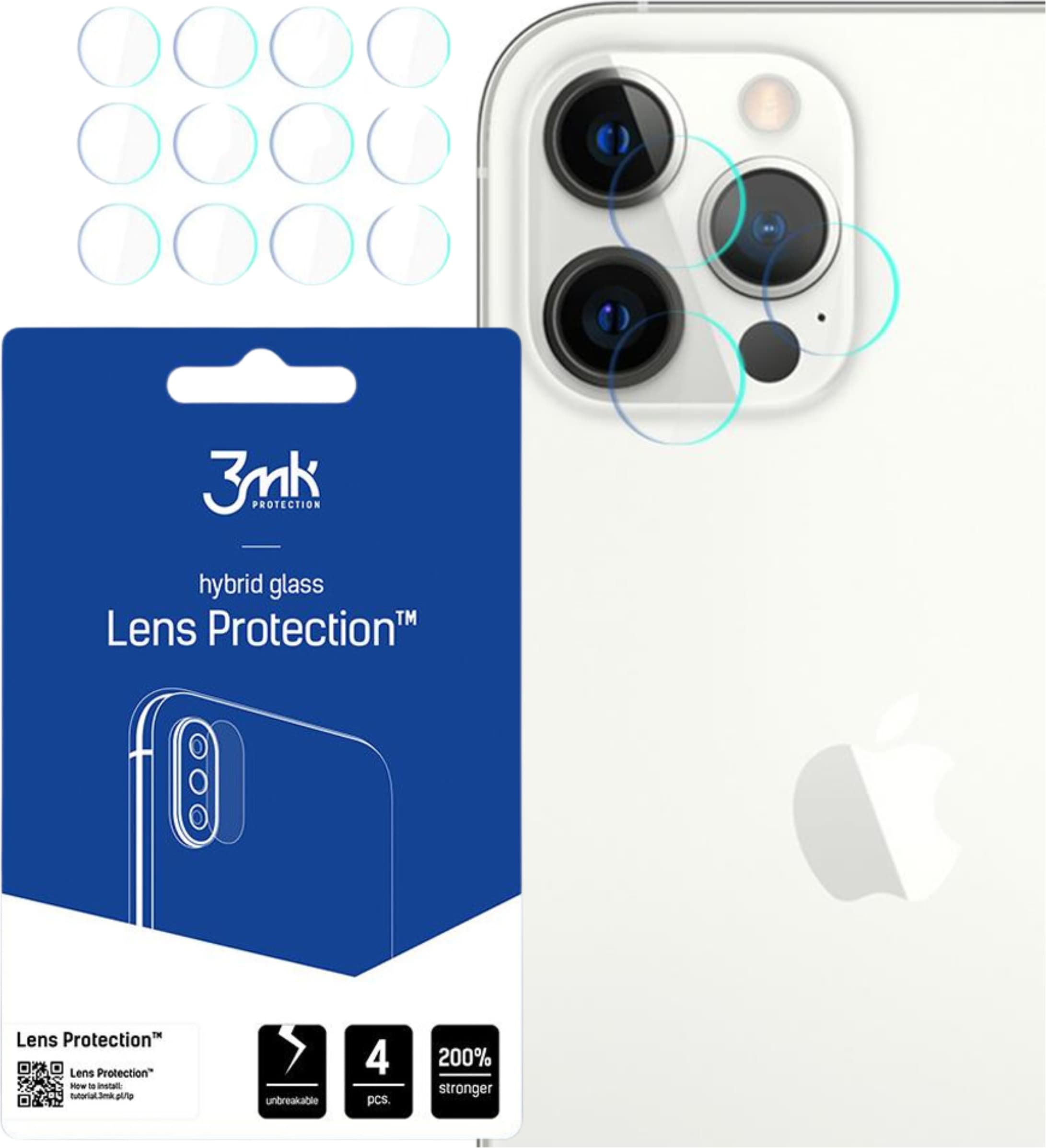 Предпазни стъклени защитни покрития за камерата на iPhone 12 Pro Max - 3MK Lens Protection Hybrid Glass Set (4 комплекта)