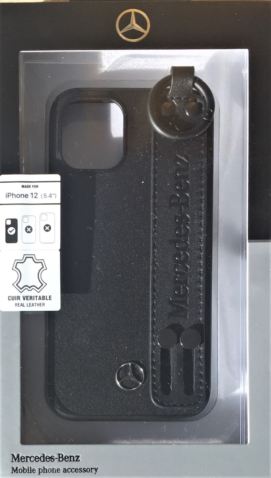 Дизайнерски кожен (естествена кожа) кейс с кожена лента за ръката за iPhone 12 Mini - Mercedes Genuine Leather Strap Line Hard Case (черен)