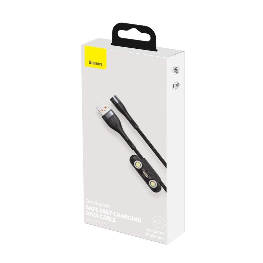 Кабел Baseus Zinc Magnetic Safe Fast Charging Data Cable (CA1T3-AG1), от USB A(м) към Lightning(м)/USB C(м)/microUSB(м), магнитни накрайници, 1m, черен