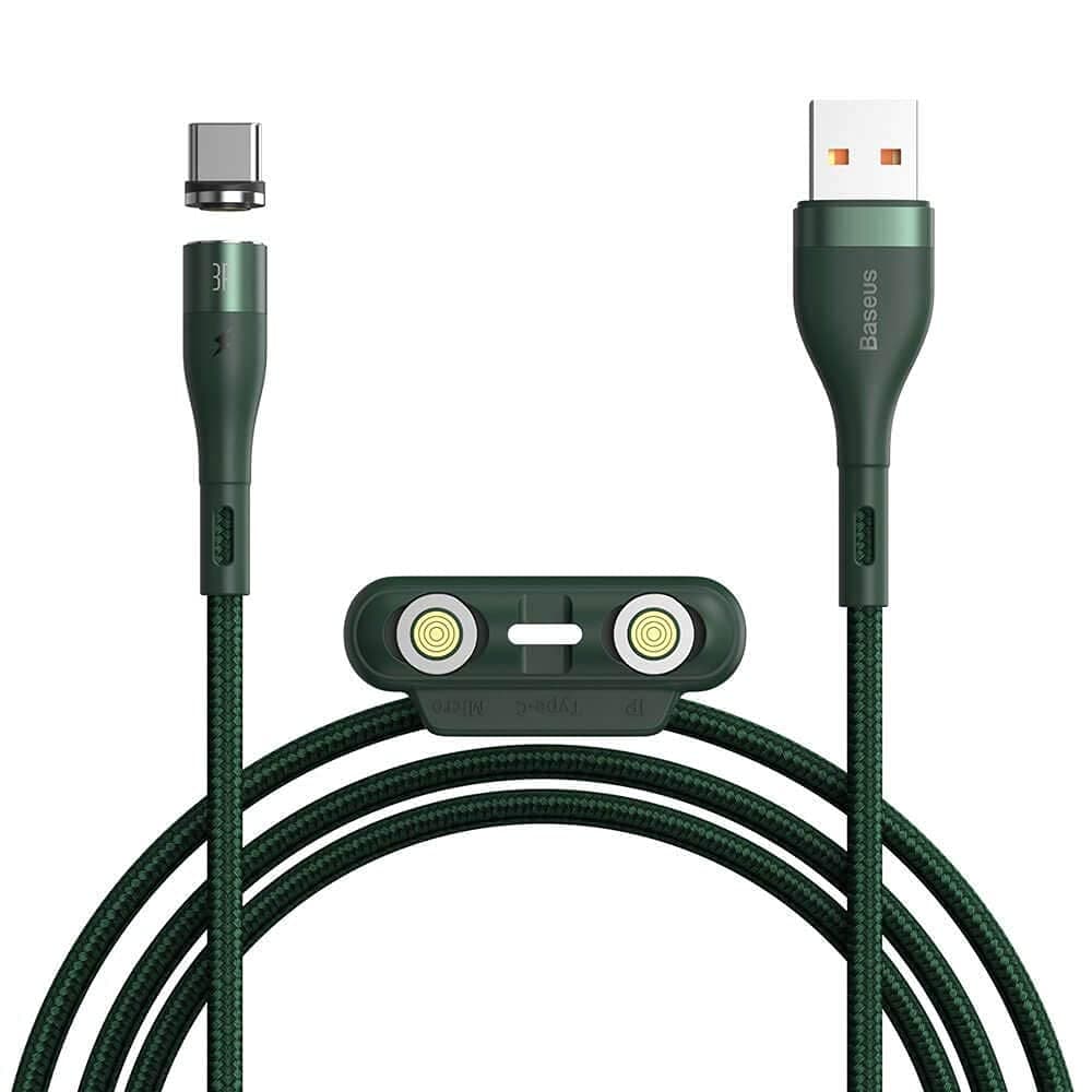 Кабел Baseus Zinc Magnetic Safe Fast Charging Data Cable (CA1T3-A06), от USB A(м) към Lightning(м)/USB C(м)/microUSB(м), магнитни накрайници, 1m, зелен