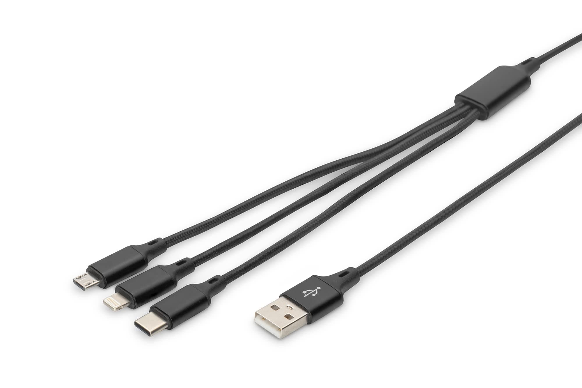 Кабел ASSMANN DB-300160-002-S, от USB A(м) към Lightning(м)/USB C(м)/microUSB(м), 0.15m, черен