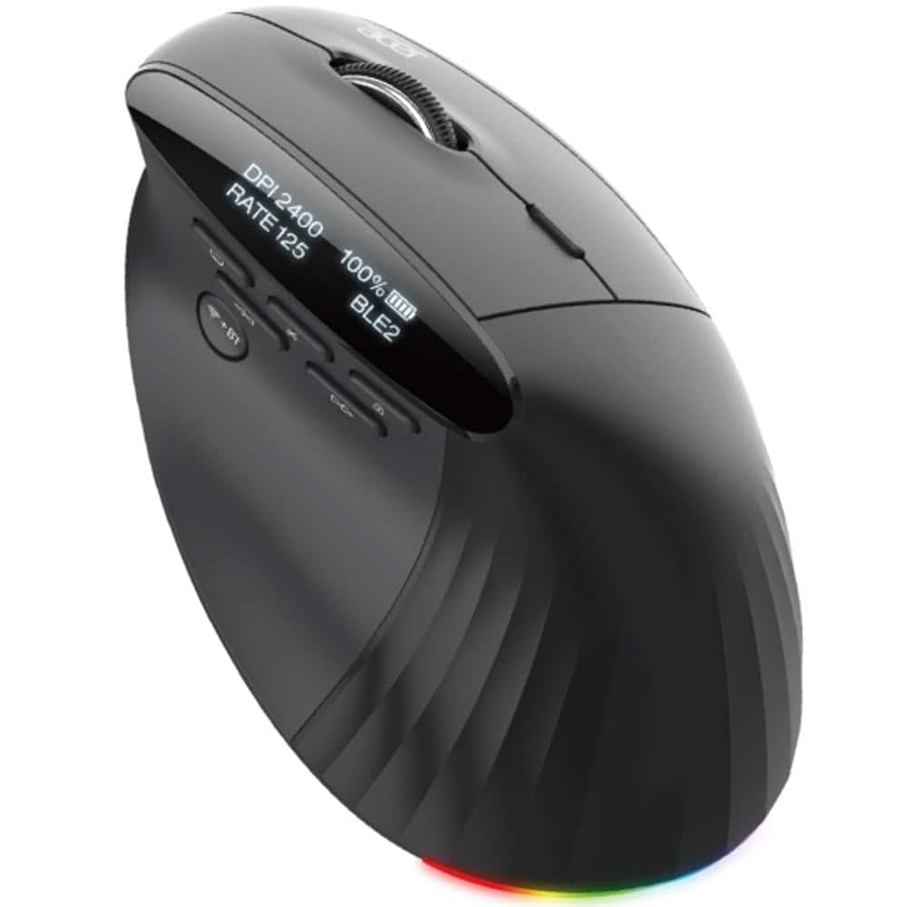 Acer Smart Fit Wireless Mouse, RF 2.4 GHz dongle, Bluetooth 5.0, Wired, 10 Buttons, DPI 8000, 90g, Black with RGB strip