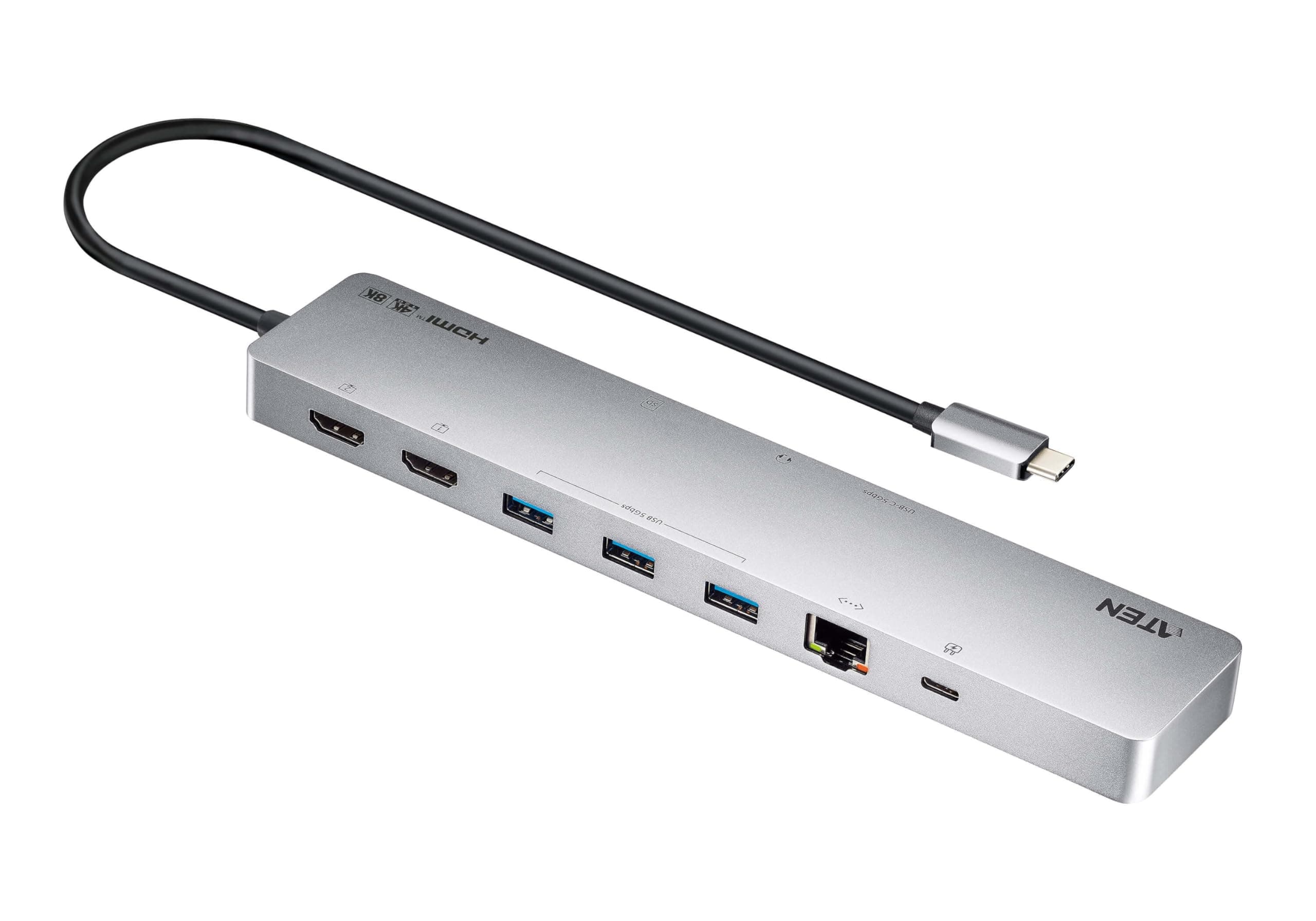 Докинг станция ATEN UH3240, от USB-C към 2x USB-C, 3x USB-A, 2x HDMI, 1x AUX, 1x RJ45, 1x SD четец, 1x MicroSD четец, сива