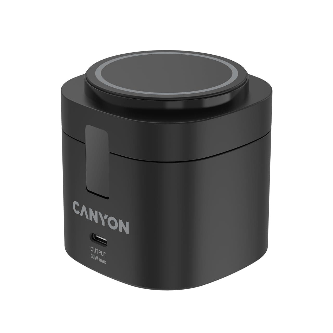 Безжично зарядно Canyon OnCharge 405, от USB-C(ж) към безжично зареждане, 1x USB-C(ж), 30W, черно, Qi2