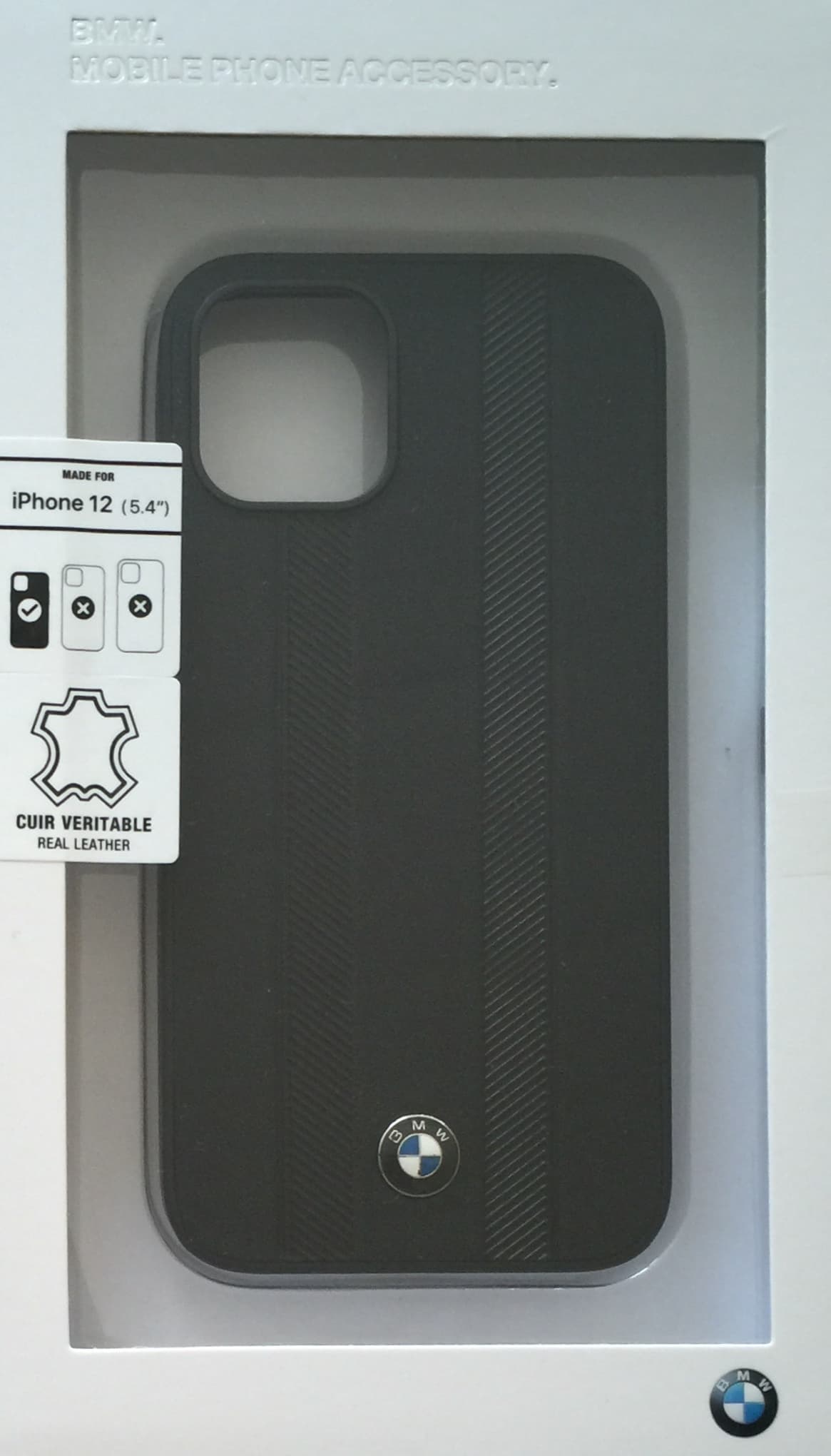 Кожен кейс (естествена кожа) за iPhone 12 mini - BMW Signature Tire Marks Leather Hard Case (черен)