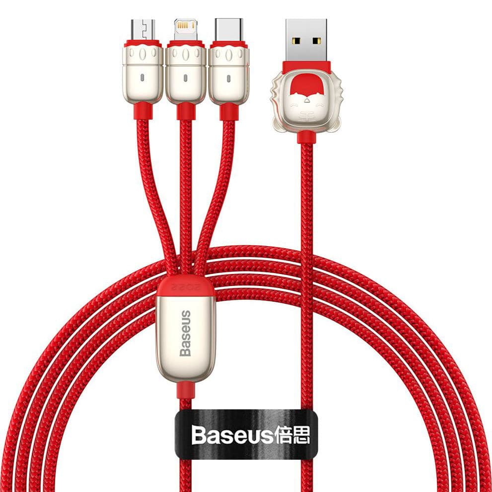 Кабел Baseus Year of the Tiger 3-in-1 (CASX010009), от USB-A(м) към Lightning(м)/USB-C(м)/USB-Micro(м), 1.2m, 3.5A/17.5W, червен