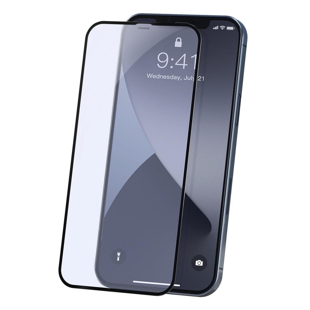 Стъклено защитно покритие за целия дисплей на iPhone 12 Pro Max (прозрачен-черен) - Baseus Full Screen Curved Anti-Bluelight Soft Edge Tempered Glass (SGAPIPH67N-TE01) (2 броя)