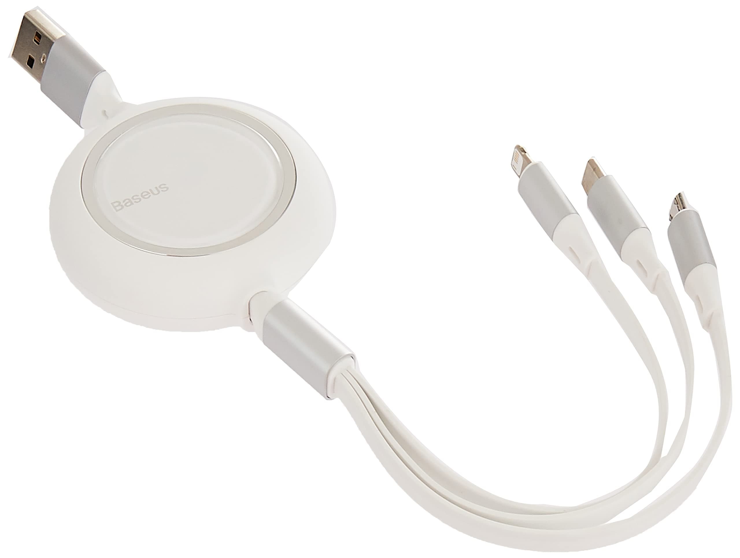 Кабел Baseus Bright Mirror 3-in-1 Retractable (CAMLC-MJ02), от USB A(м) към Lightning(м)/USB C(м)/microUSB(м), 1.2m, 100W, бял
