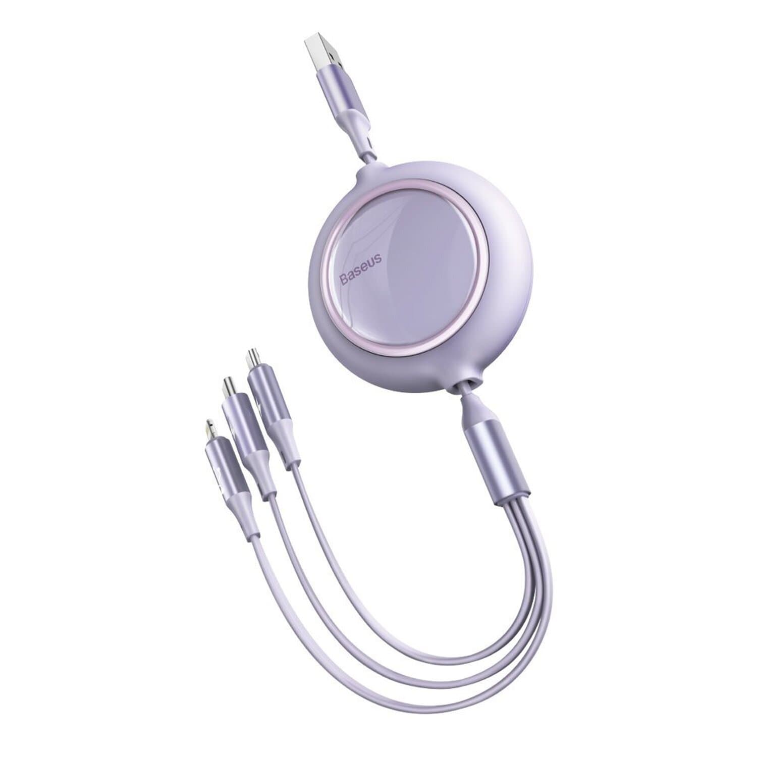 Кабел Baseus Bright Mirror 3-in-1 Retractable (CAMLC-MJ05), от USB A(м) към Lightning(м)/USB C(м)/microUSB(м), 1.2m, 100W, лилав