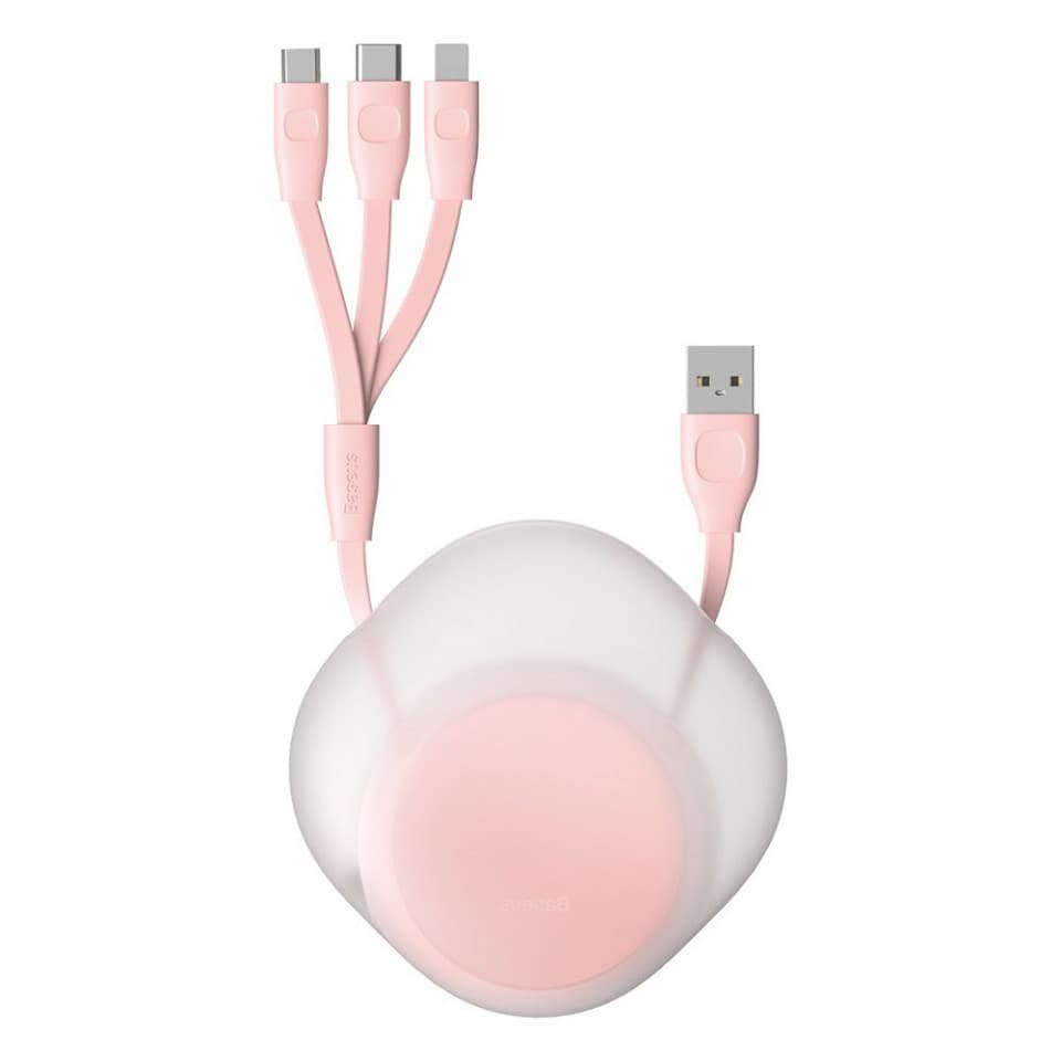 Кабел Baseus Lets Go Little Reunion One-Way Stretchable (CAMLT-TY24), от USB A(м) към Lightning(м)/USB C(м)/microUSB(м), 0.8m, розов