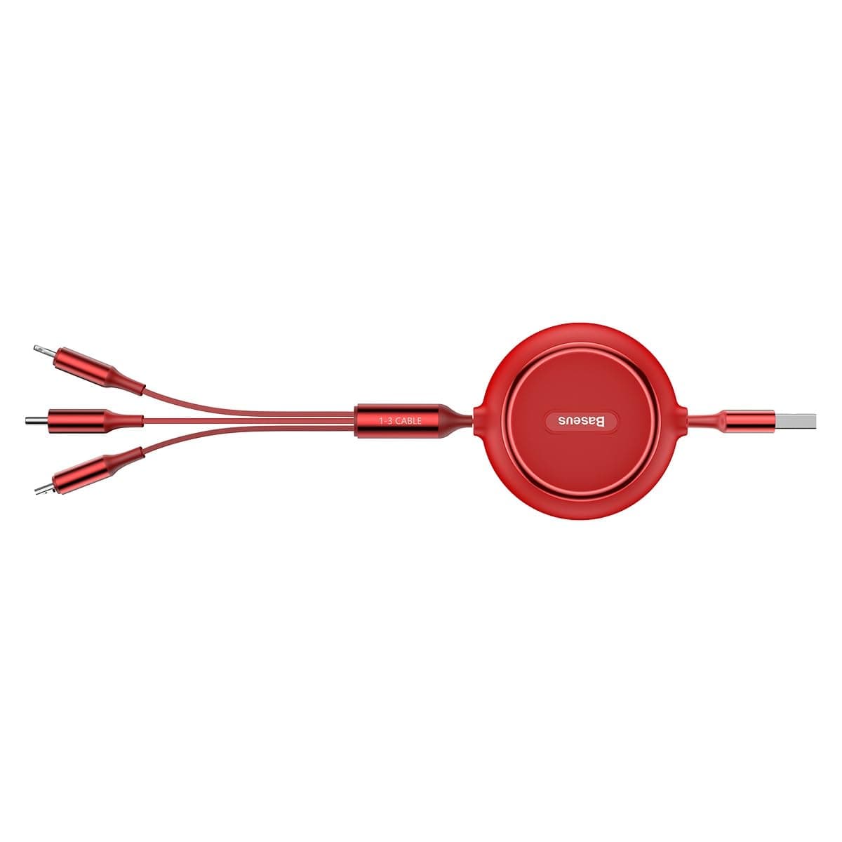 Кабел Baseus Golden Loop 3-in-1 Elastic (CAMLT-JH09), от USB A(м) към Lightning(м)/USB C(м)/microUSB(м), 1.2m, червен