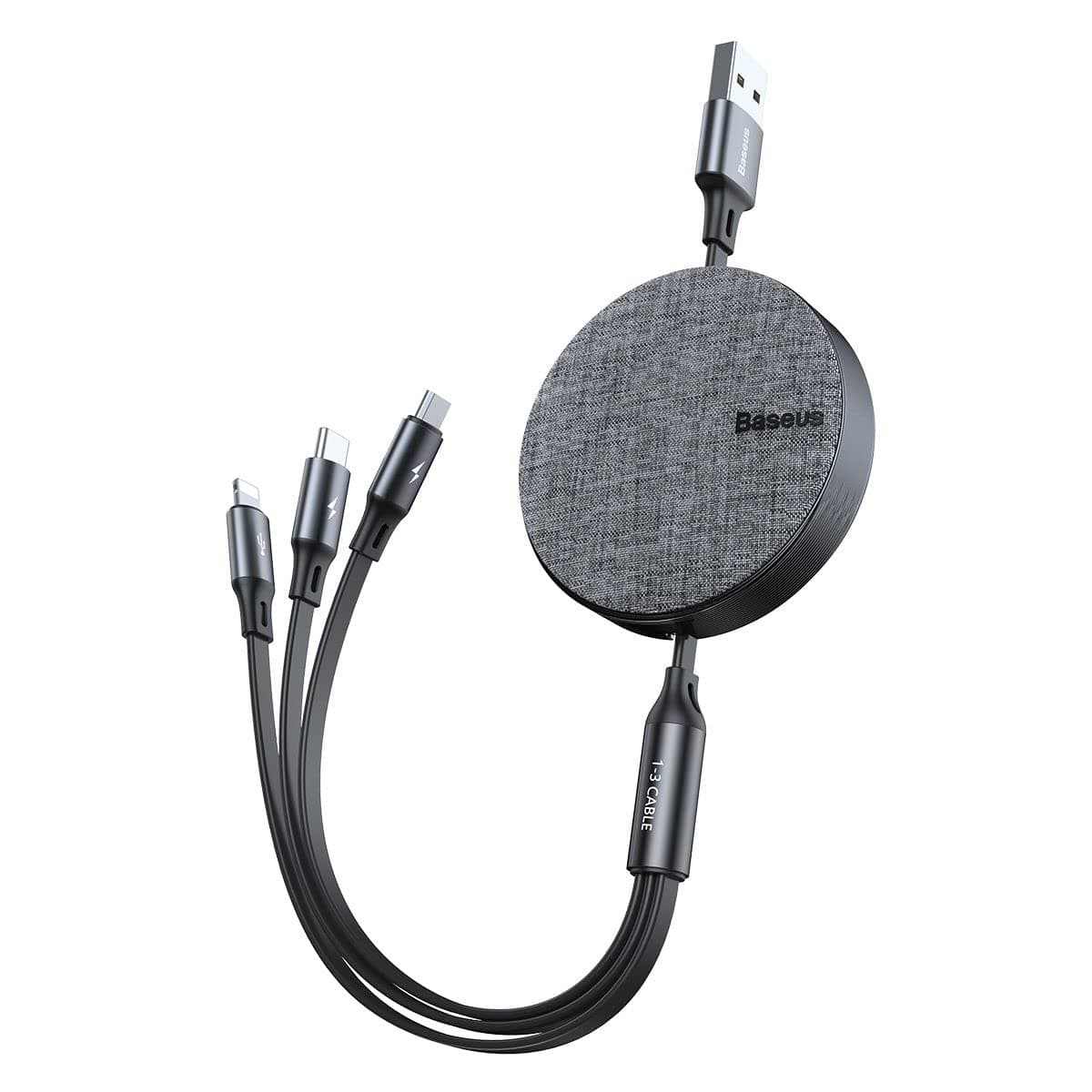 Кабел Baseus Fabric 3-in-1 Flexible Cable (CAMLT-BYG1), от USB-A(м) към USB-C/Lightning/microUSB(м), 1.2m, сив