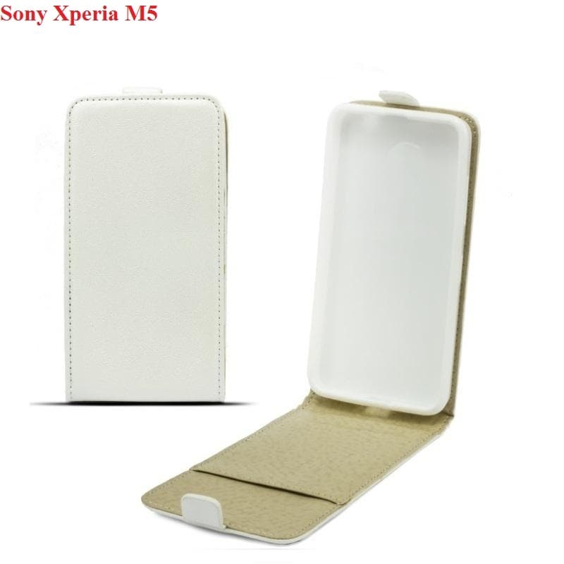 Вертикален кожен калъф с джоб за Sony Xperia M5 - Leather Pocket Flip Case (бял)