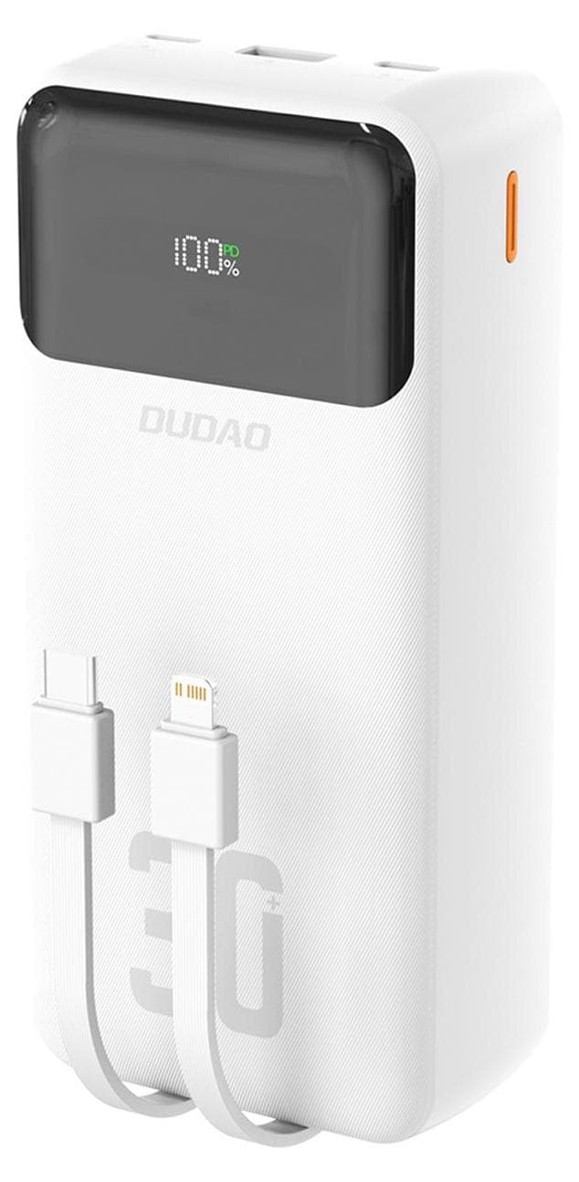 Външна батерия с вградени USB-C и Lightning кабели и USB-C, USB-A портове и технология за бързо зареждане - Dudao K15MAX Power Bank With Build-in Cables 22.5W 30000 mAh (бял)