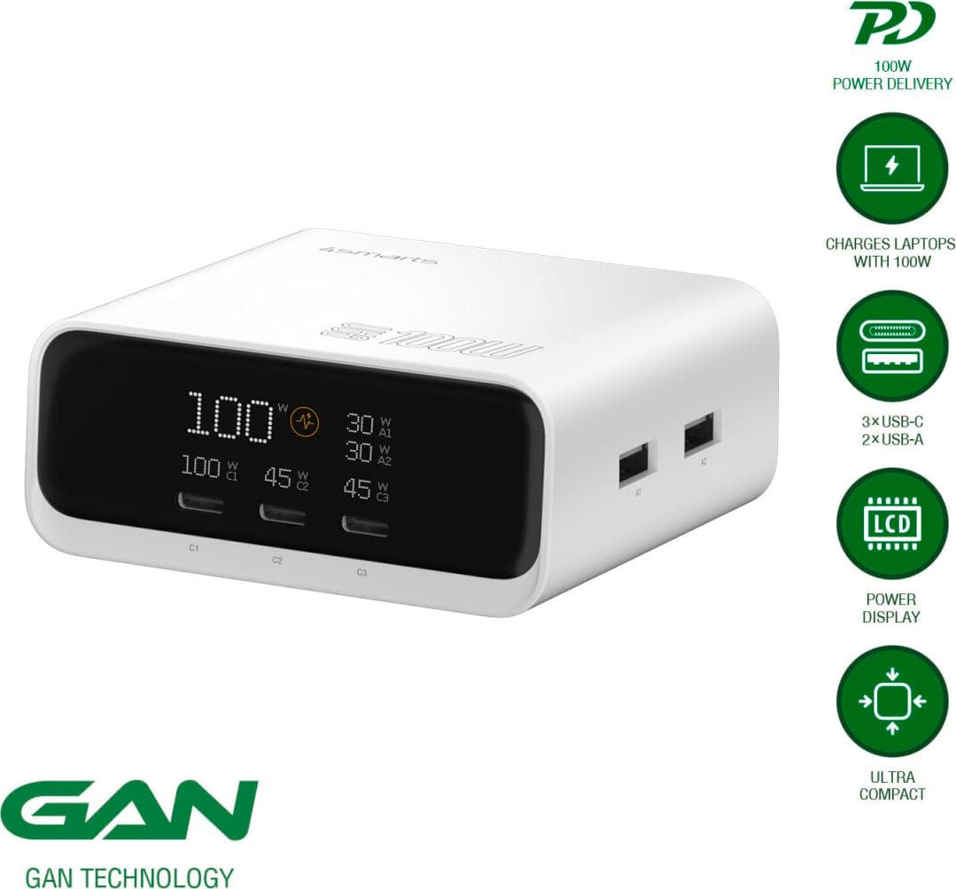 Захранване за ел. мрежа за лаптопи, смартфони и таблети с 2xUSB-A и 3xUSB-C изходи с технология за бързо зареждане - 4smarts Desk Charger GaN Screen 100W (бял)