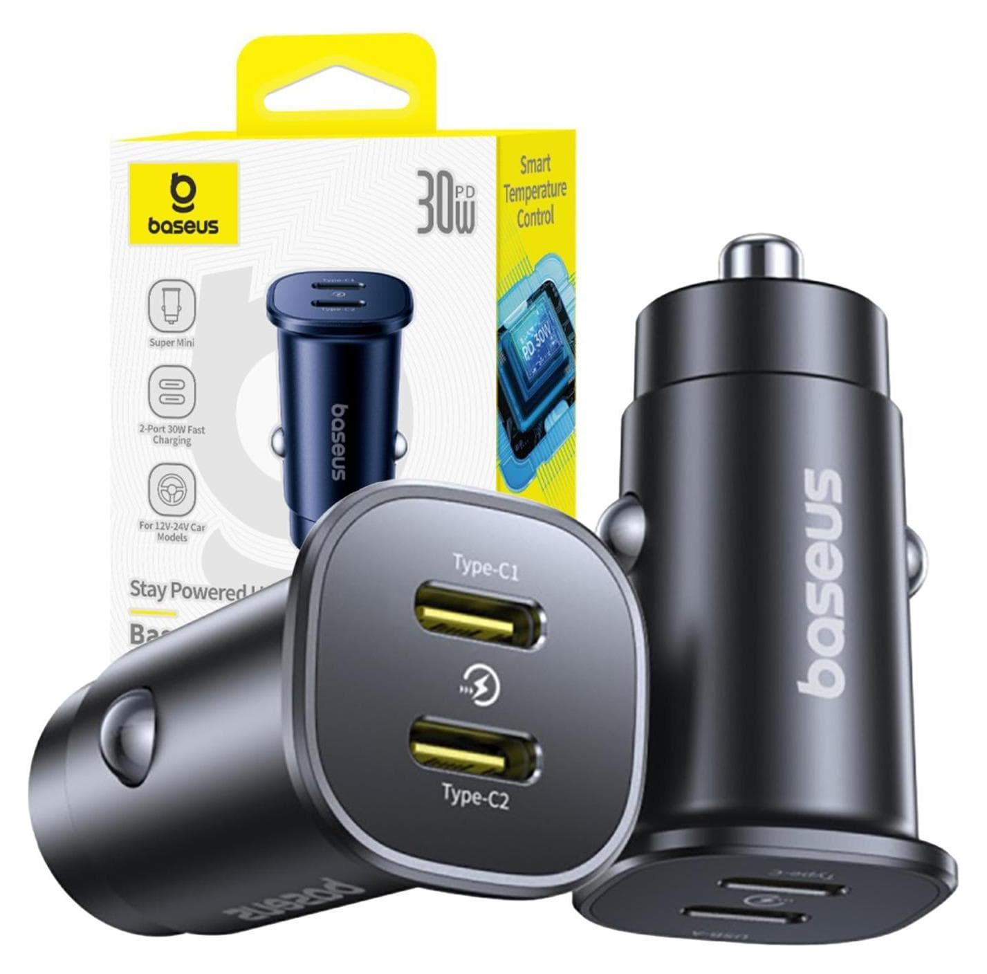 Зарядно за кола с 2xUSB-C изхода с технология за бързо зареждане - Baseus GoTrip Dual USB-C Quick Car Charger 30W (C00072300123-01) (черен)