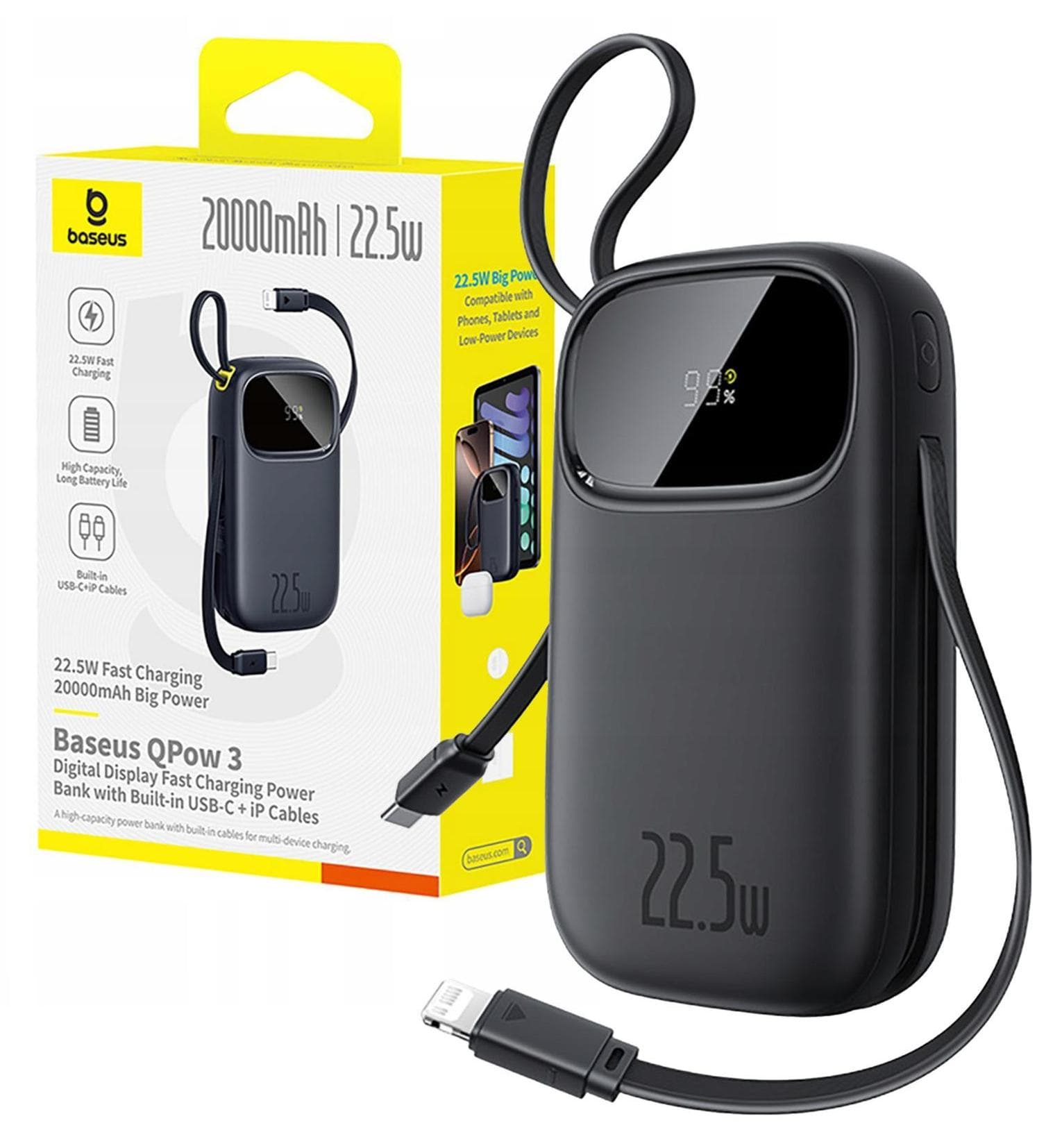 Външна батерия с вграден USB-C и Lightning кабел и USB-C, USB-А портове - Baseus Qpow3 Digital Display Power Bank With USB-C And Lightning cable 22.5W 20000mAh (черен)