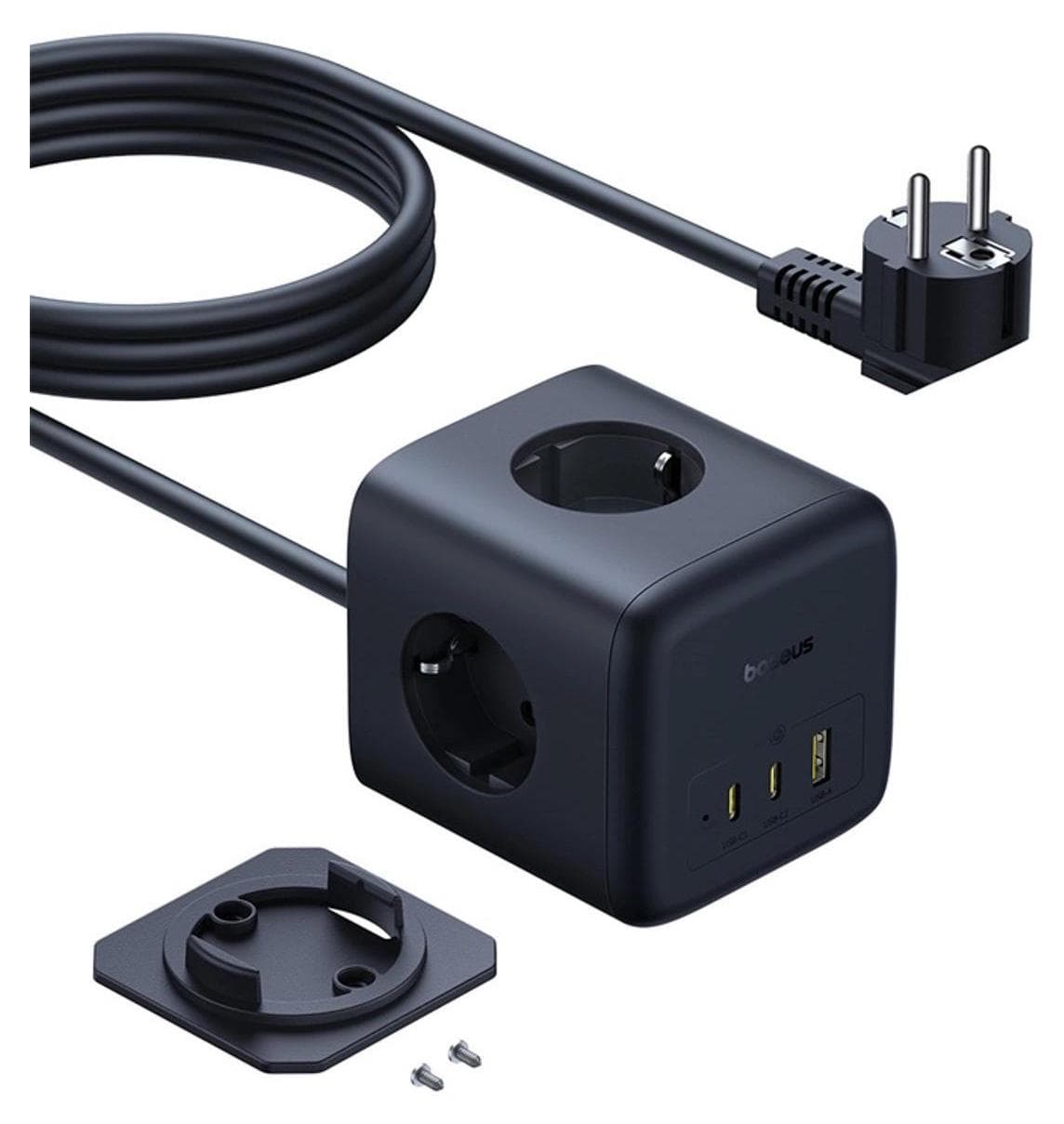 Разклонител с 3 изхода и вградени 2хUSB-C и 1хUSB-A изхода за мобилни устройства - Baseus EnerFill FA11 Wall Power Strip With USB-C Hub 67W (черен)