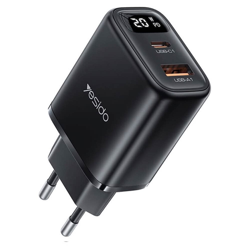 Захранване за ел. мрежа с USB-A и USB-C изходи и технология за бързо зареждане - Yesido YC68 Digital Display Dual Fast Wall Charger 20W (черен)
