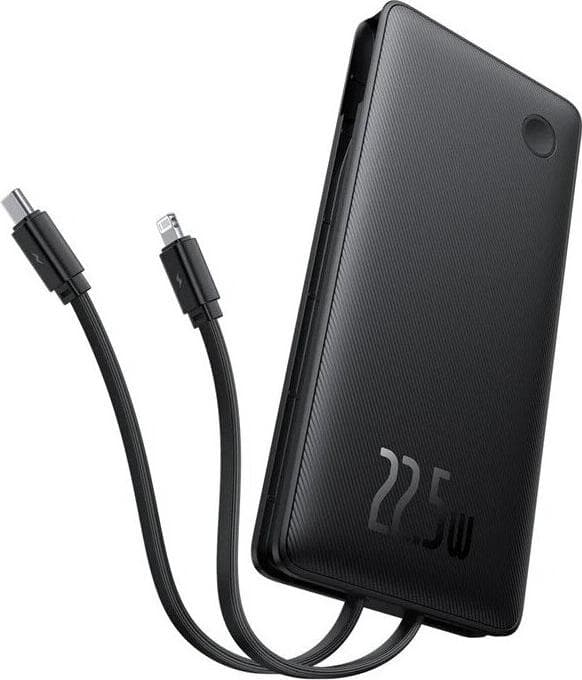 Външна батерия с вградени USB-C и Lightning кабели и USB-C, USB-A портове и технология за бързо зареждане - Baseus Airpow Lite Fast Charging Power Bank 22.5W 10000 mAh (P10067501123-00) (черен)