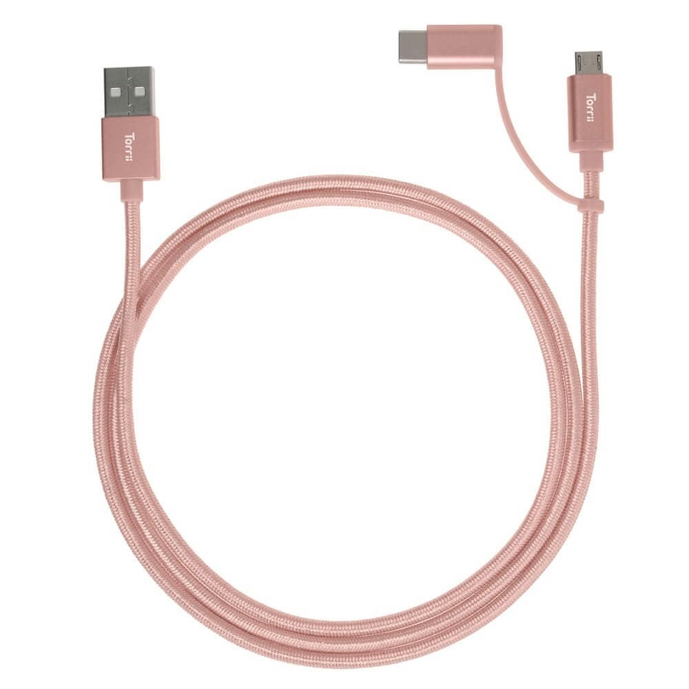 Кабел Torrii KeVable 2-in-1 TOR-KEV-09, от USB-A(м) към USB-Micro B(м)/USB-C(м), 1m, розово злато