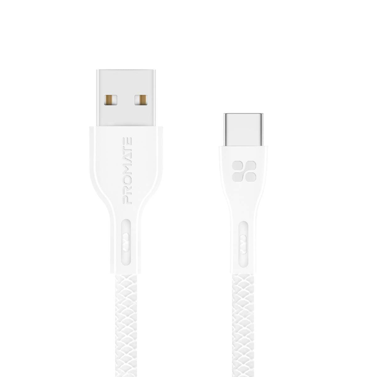 Кабел с гумирана оплетка за устройства с USB-C порт (120 см) - Promate PowerBeam-C USB-A to USB-C Cable 2А (бял)