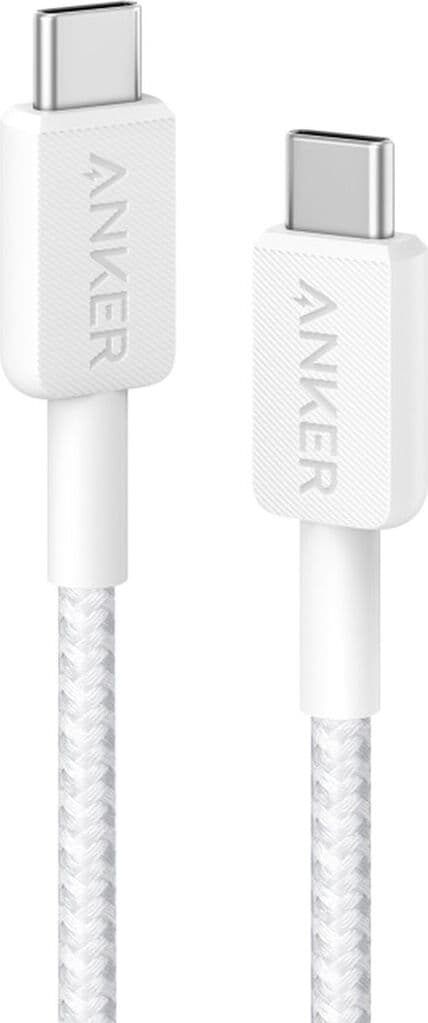Кабел с въжена оплетка и бързо зареждане за устройства с USB-C порт (90 см) - Anker 322 USB-C to USB-C Cable 60W (бял)
