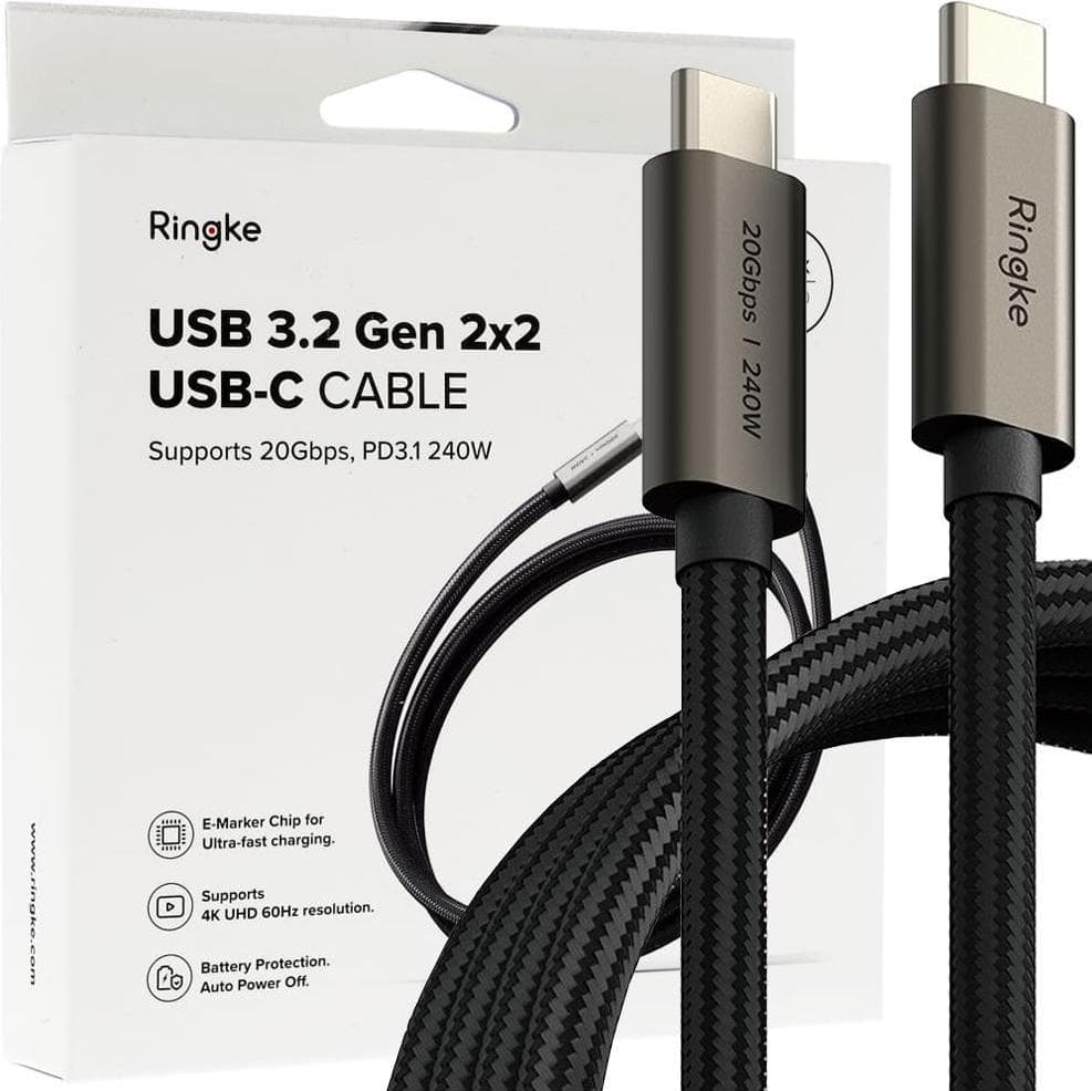 Кабел с бързо зареждане за устройства с USB-C порт (100 см) - Ringke USB-C to USB-C Data Cable 240W (черен)