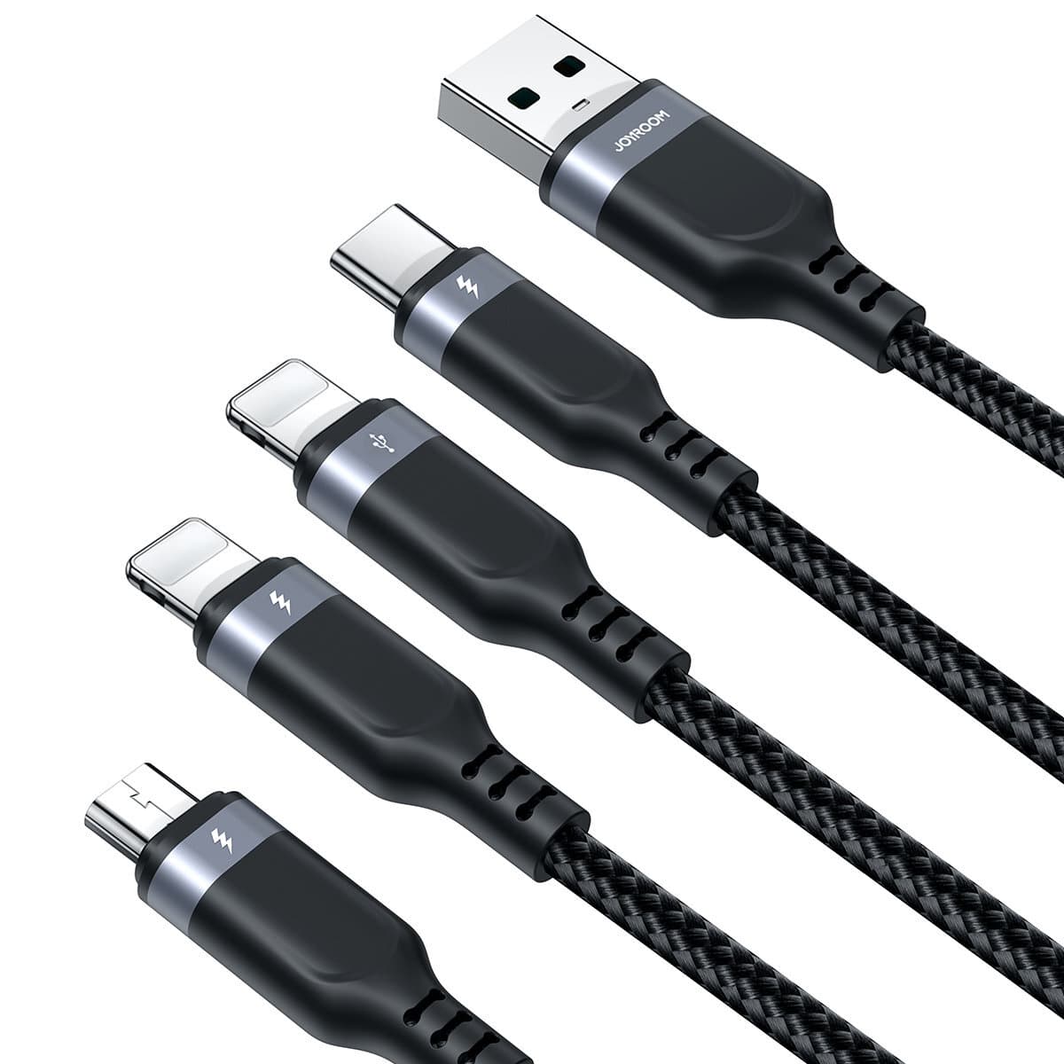Универсален USB-A кабел с microUSB, 2xLightning и USB-C конектори (120 см) - Joyroom Fast 4-in-1 Charging Data Cable 3.5А (черен)