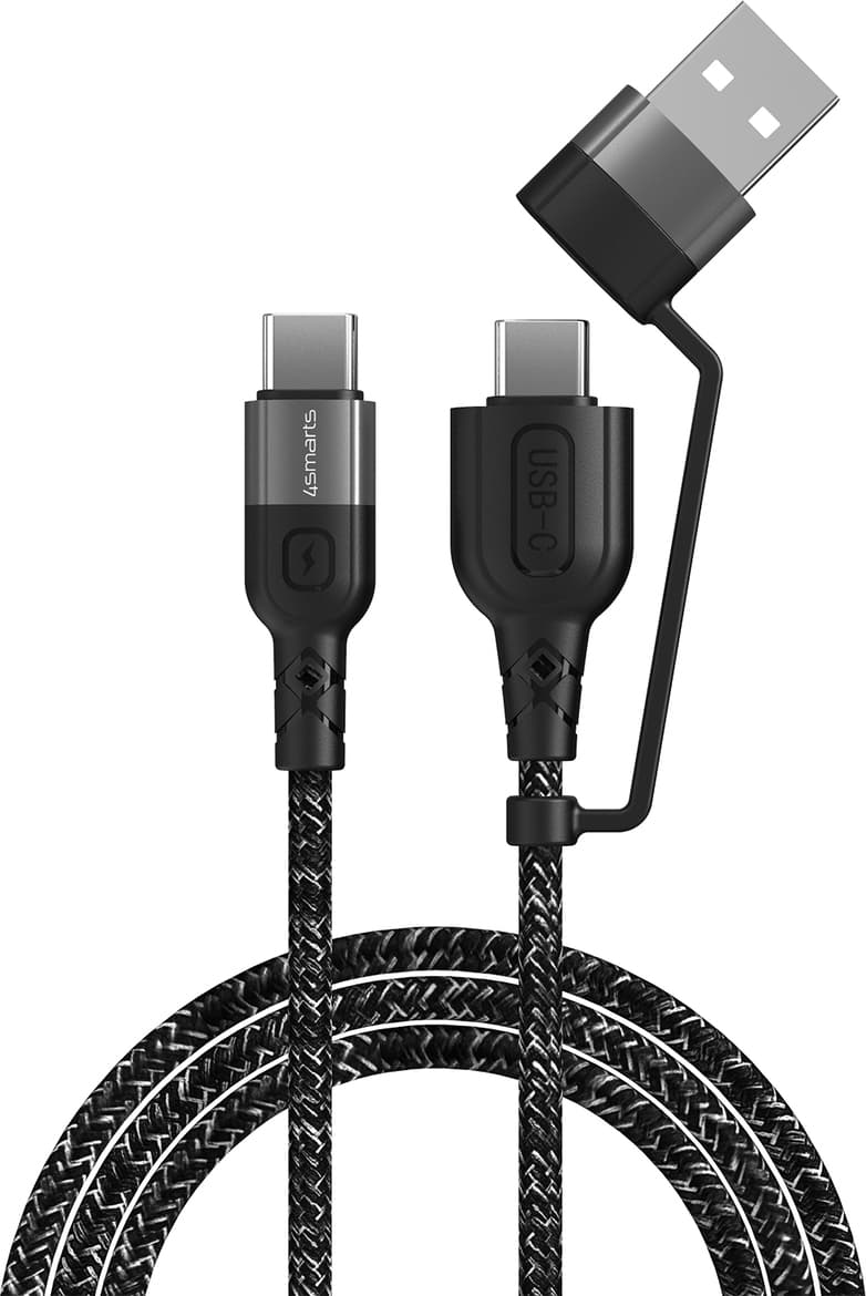 Кабел 4smarts 4S468626, от USB A(м) или USB C(м) към USB C(м), 1.5m, 60W, черен