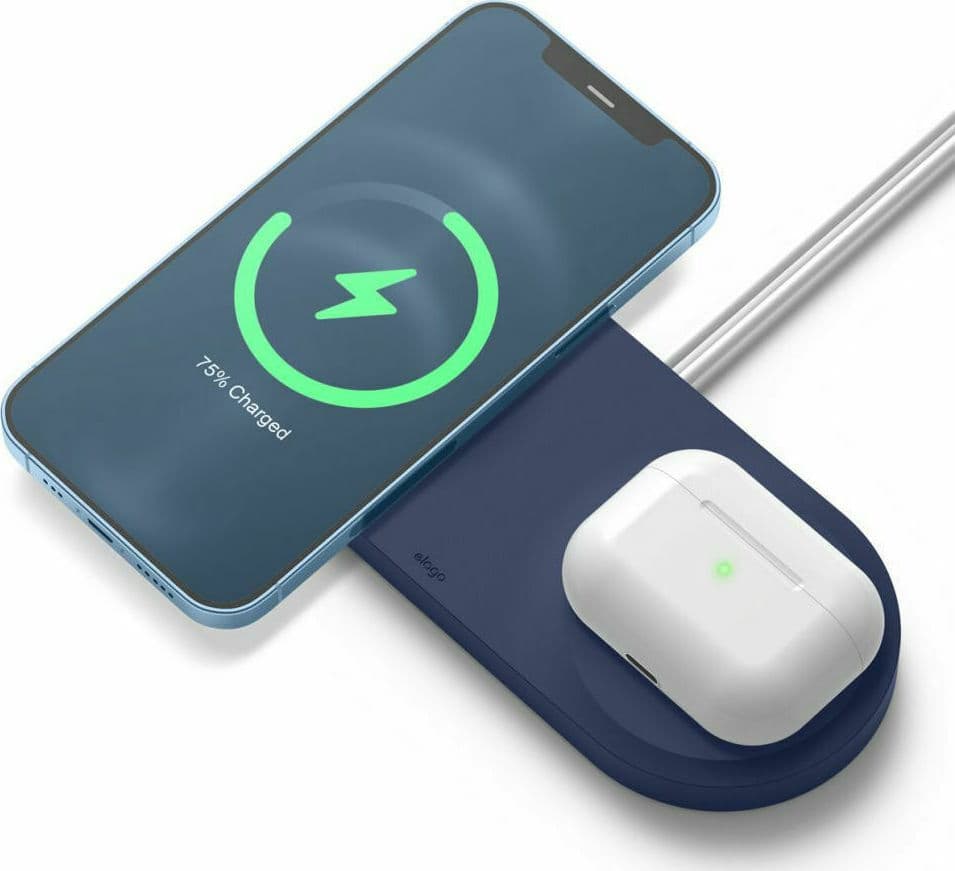 Двойна силиконова поставка за безжично зареждане на iPhone чрез поставяне на Apple MagSafe Charger - Elago MagSafe Charging Hub Duo (тъмносин)