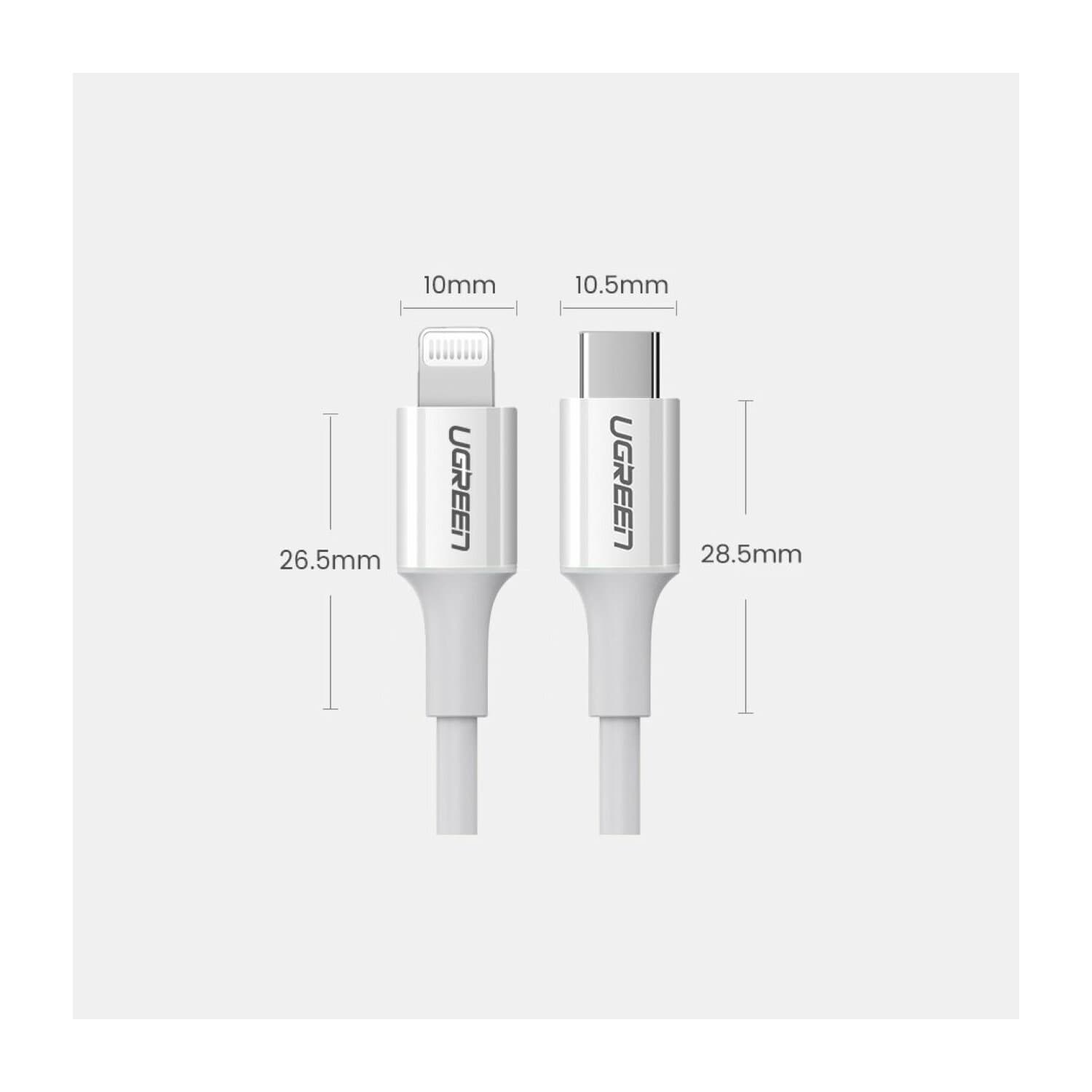 Кабел Ugreen 10493, от USB-C(м) към Lightning(м), 1m, бял