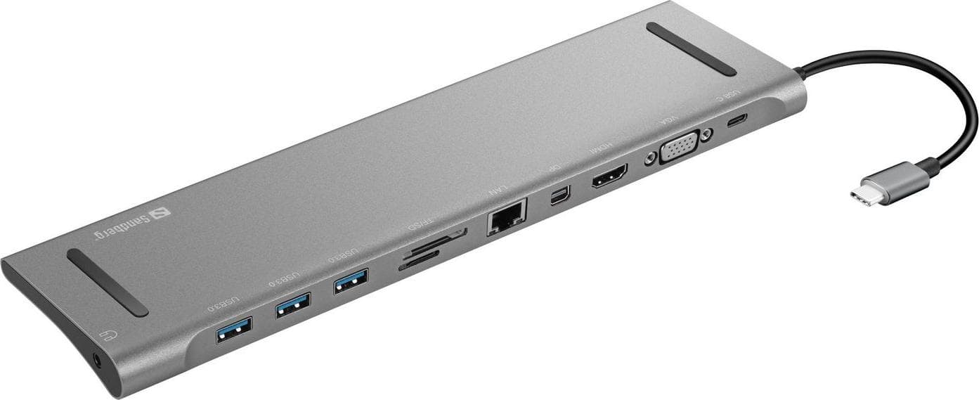 Докинг станция Sandberg 136-23, от USB C към 1x USB C(PD), 3x USB A, 1x DisplayPort, 1x HDMI, 1x VGA, 1x RJ45, 1x SD/MicroSD четец, 1x AUX, бяла