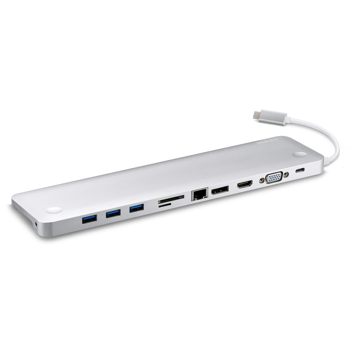 Докинг станция Aten UH3234, от USB C към 3x USB A, 1x USB C(PD), 1x DisplayPort, 1x HDMI, 1x VGA, 1x SD/MicroSD четец, 1x RJ45, 1x AUX, бяла