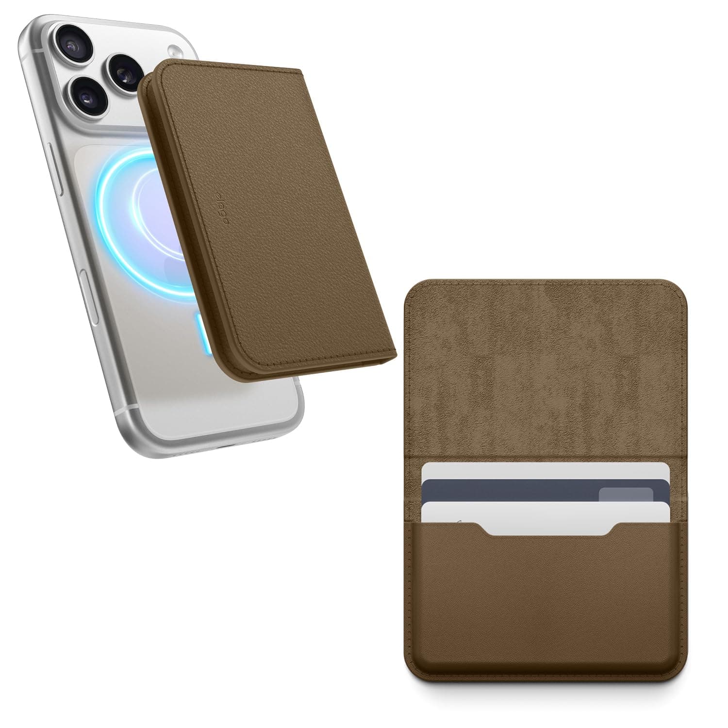 Кожен портфейл (джоб) с вградена поставка за прикрепяне към iPhone с MagSafe - Elago Vegan-Leather Magnetic Card Holder (тъмнокафяв)