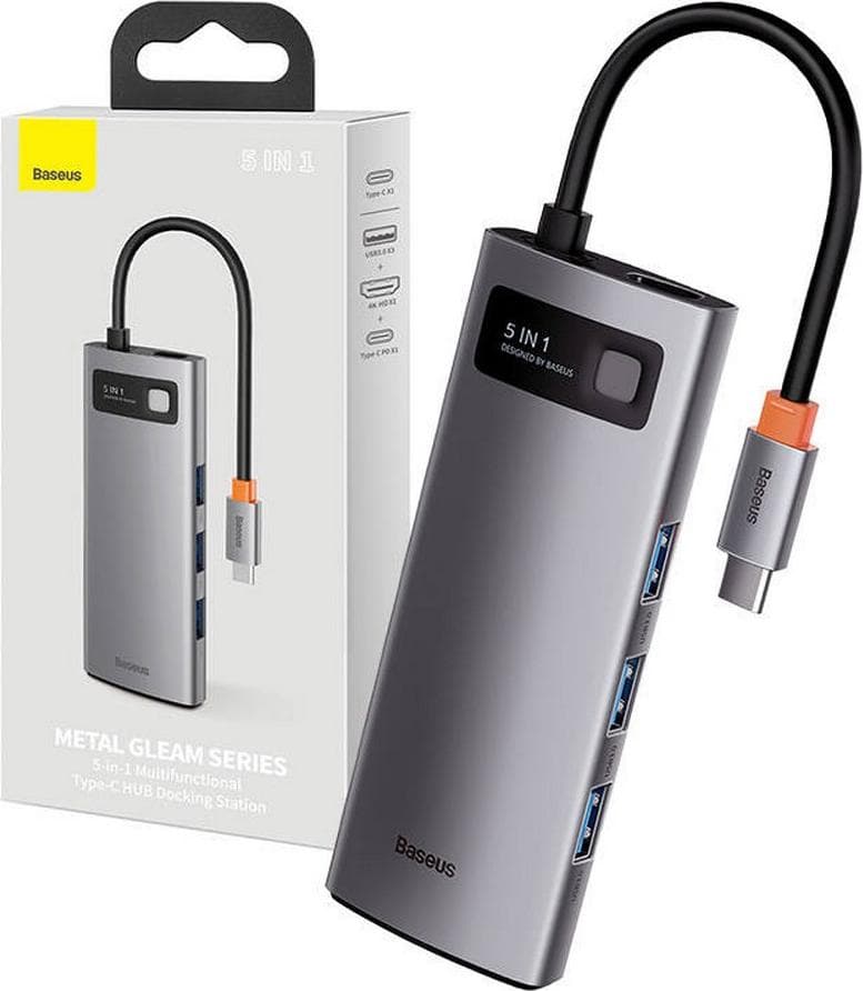 Докинг станция Baseus Metal Gleam Series 5-in-1, от USB C към 1x USB C / 3x USB A / 1x HDMI, сива